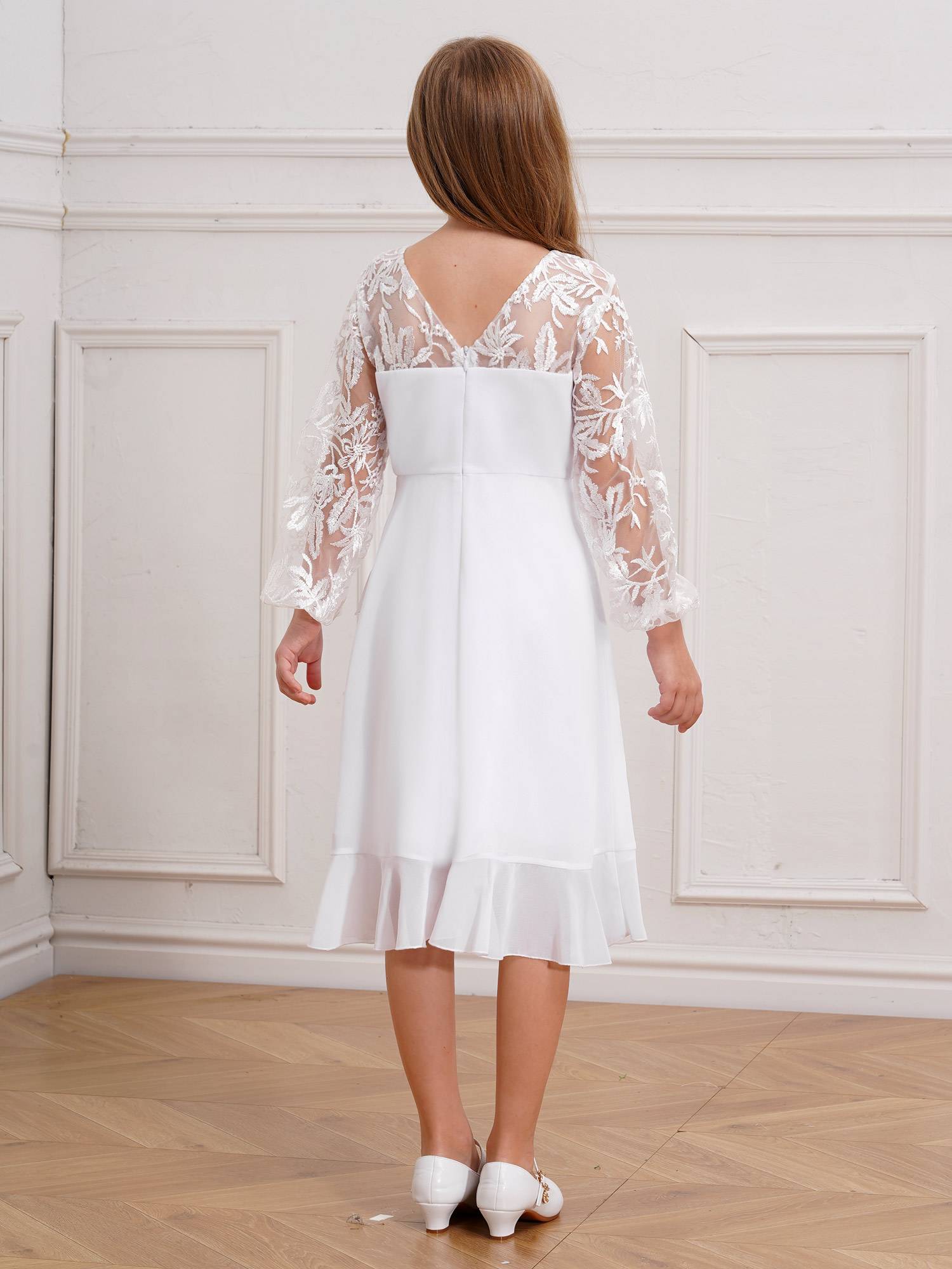 Girls Long Sleeve Lace Knee Length Chiffon Dress for Wedding Party