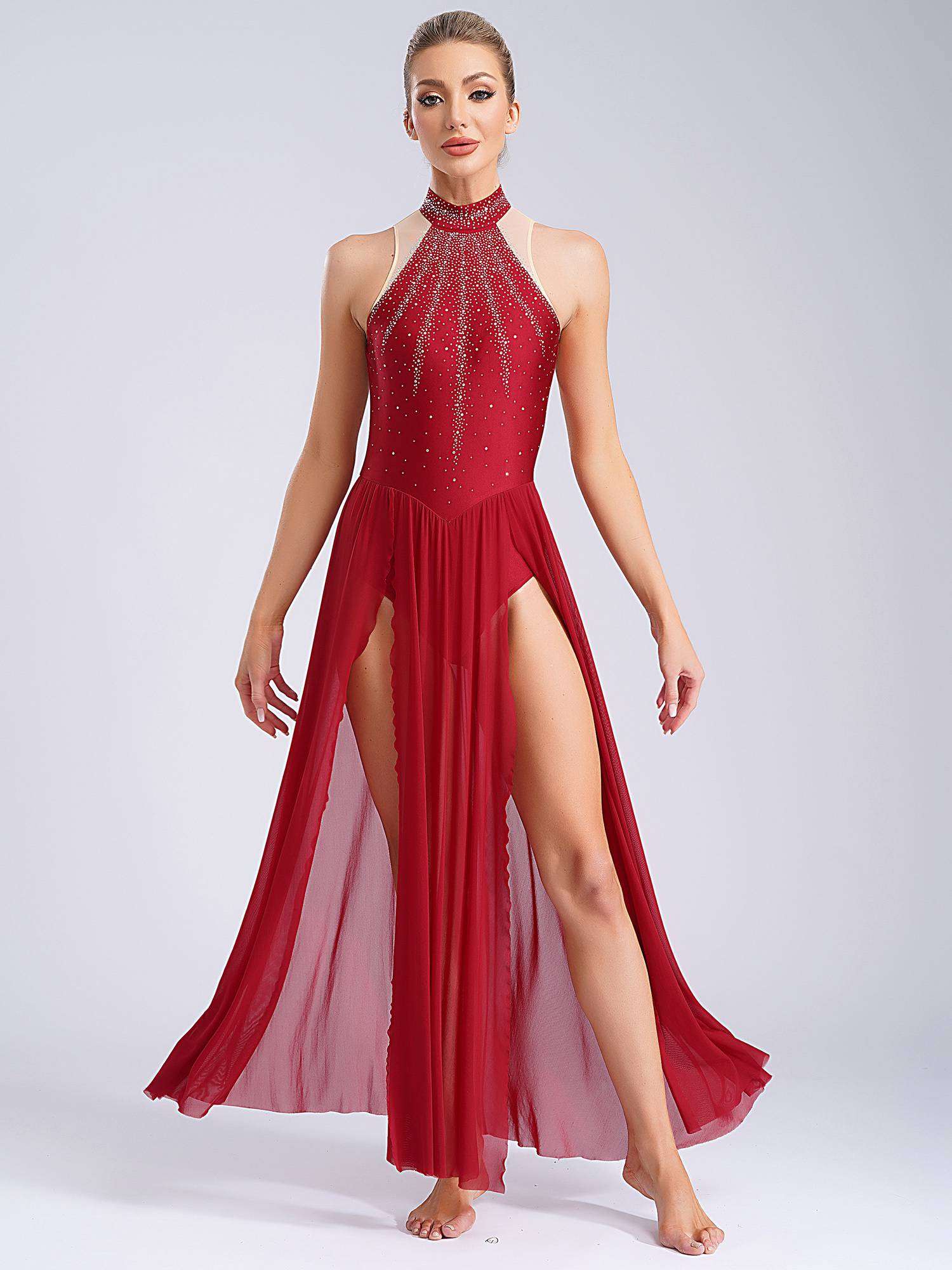 Women Sleeveless Rhinestones High Slit Maxi Dress for Lyrical Dance