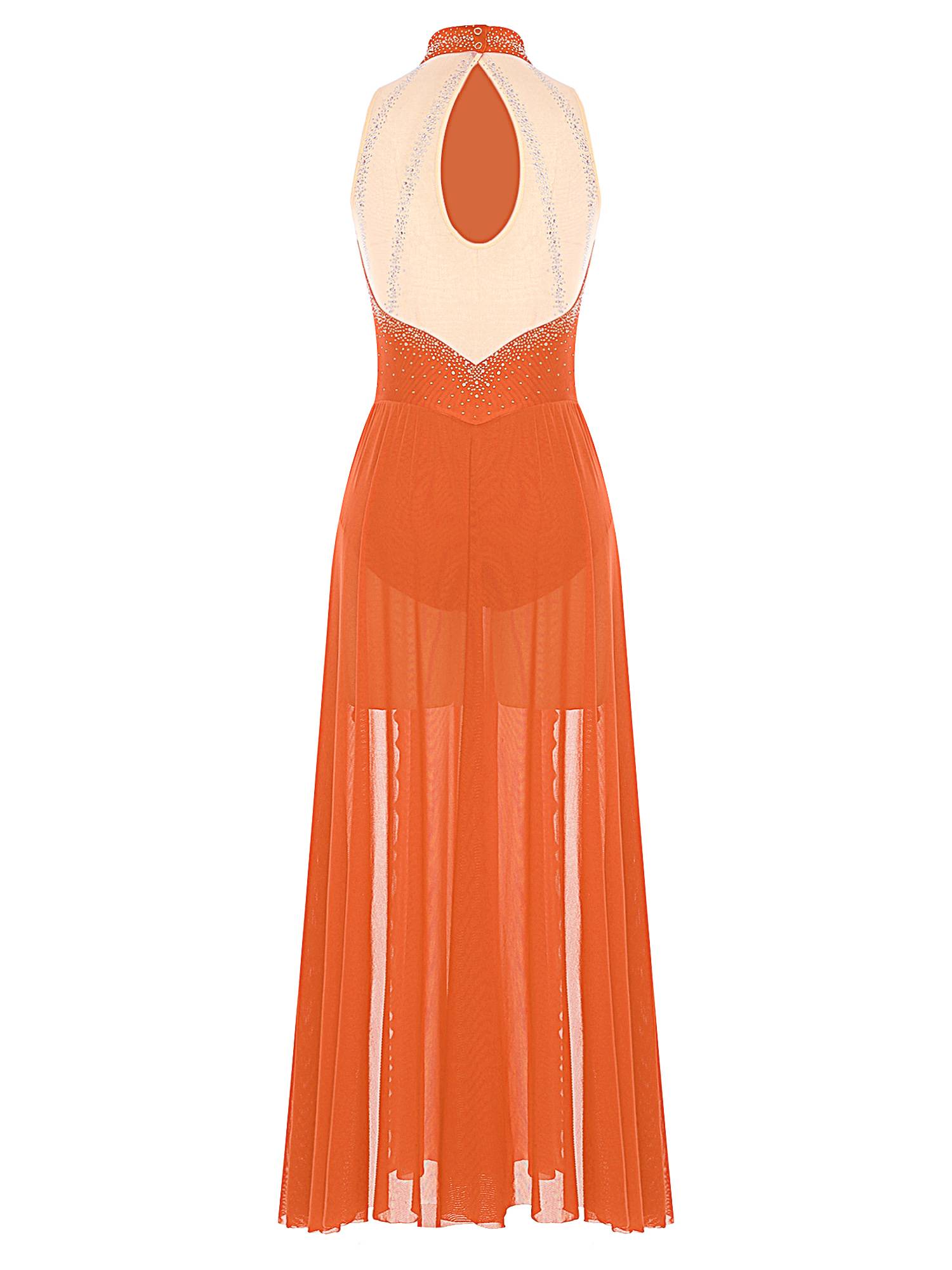 Women Sleeveless Rhinestones High Slit Maxi Dress for Lyrical Dance