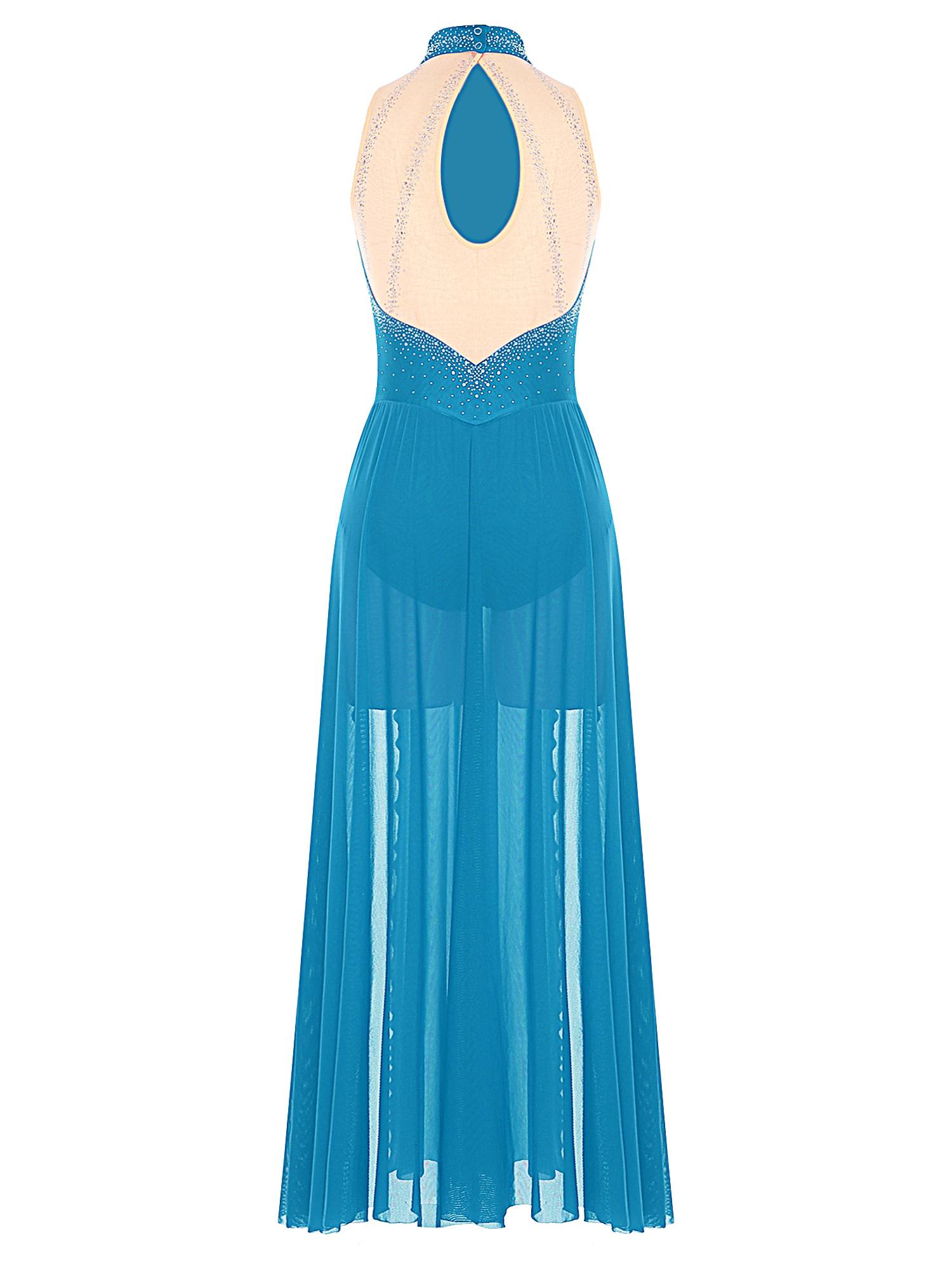 Women Sleeveless Rhinestones High Slit Maxi Dress for Lyrical Dance