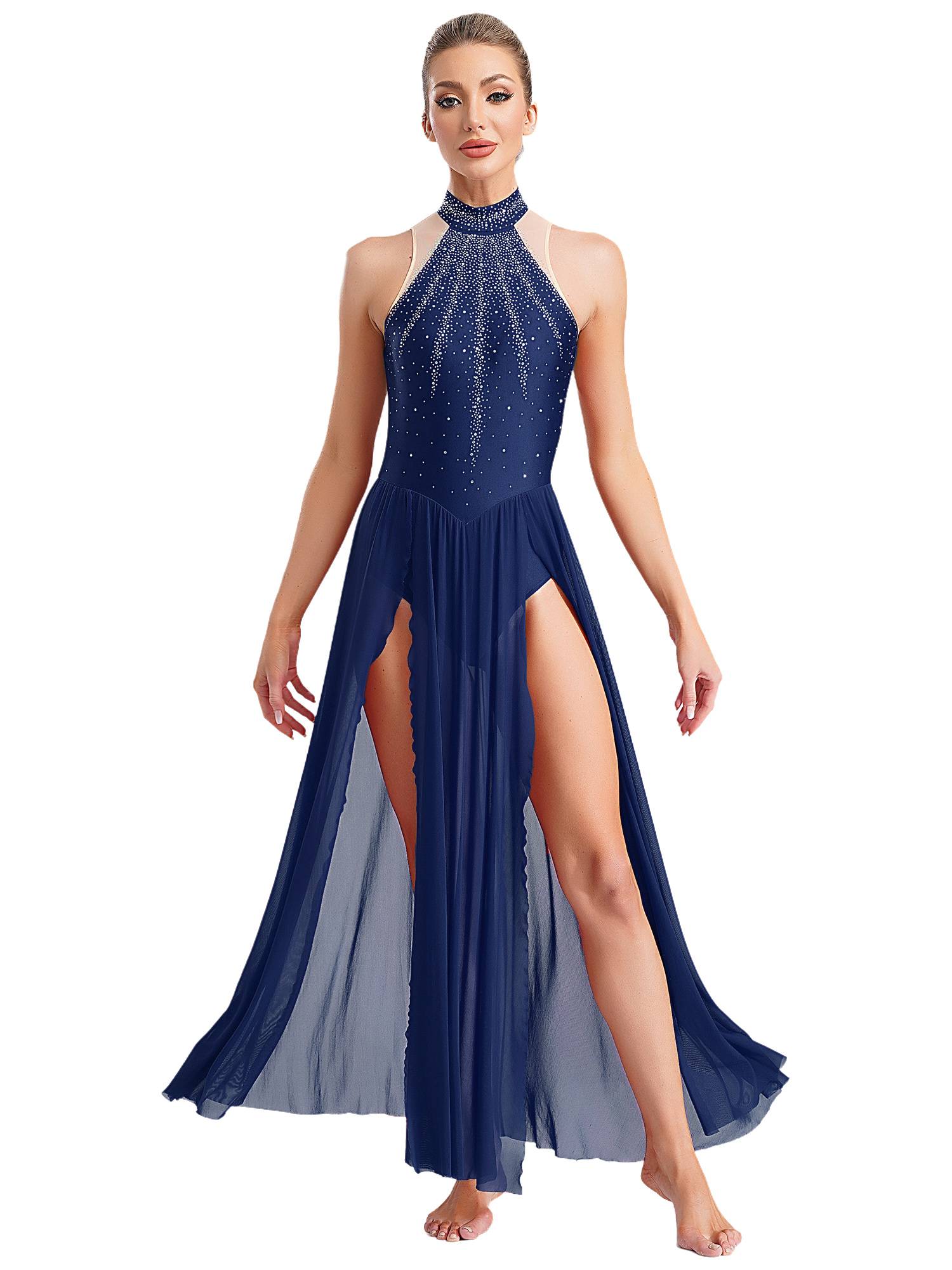 Women Sleeveless Rhinestones High Slit Maxi Dress for Lyrical Dance