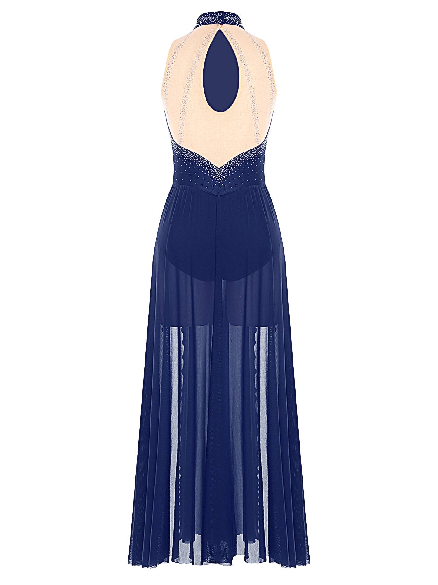 Women Sleeveless Rhinestones High Slit Maxi Dress for Lyrical Dance