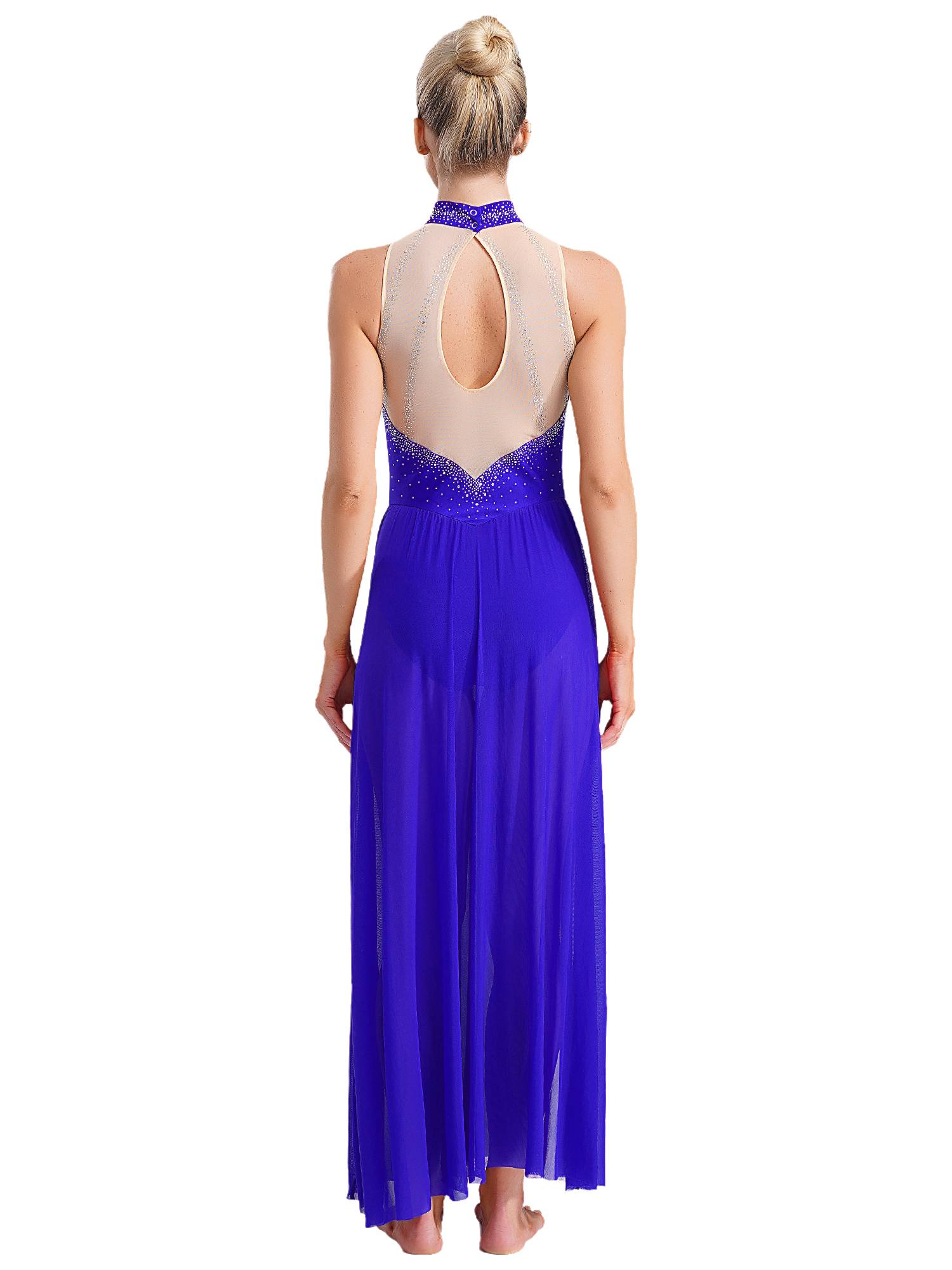 Women Sleeveless Rhinestones High Slit Maxi Dress for Lyrical Dance