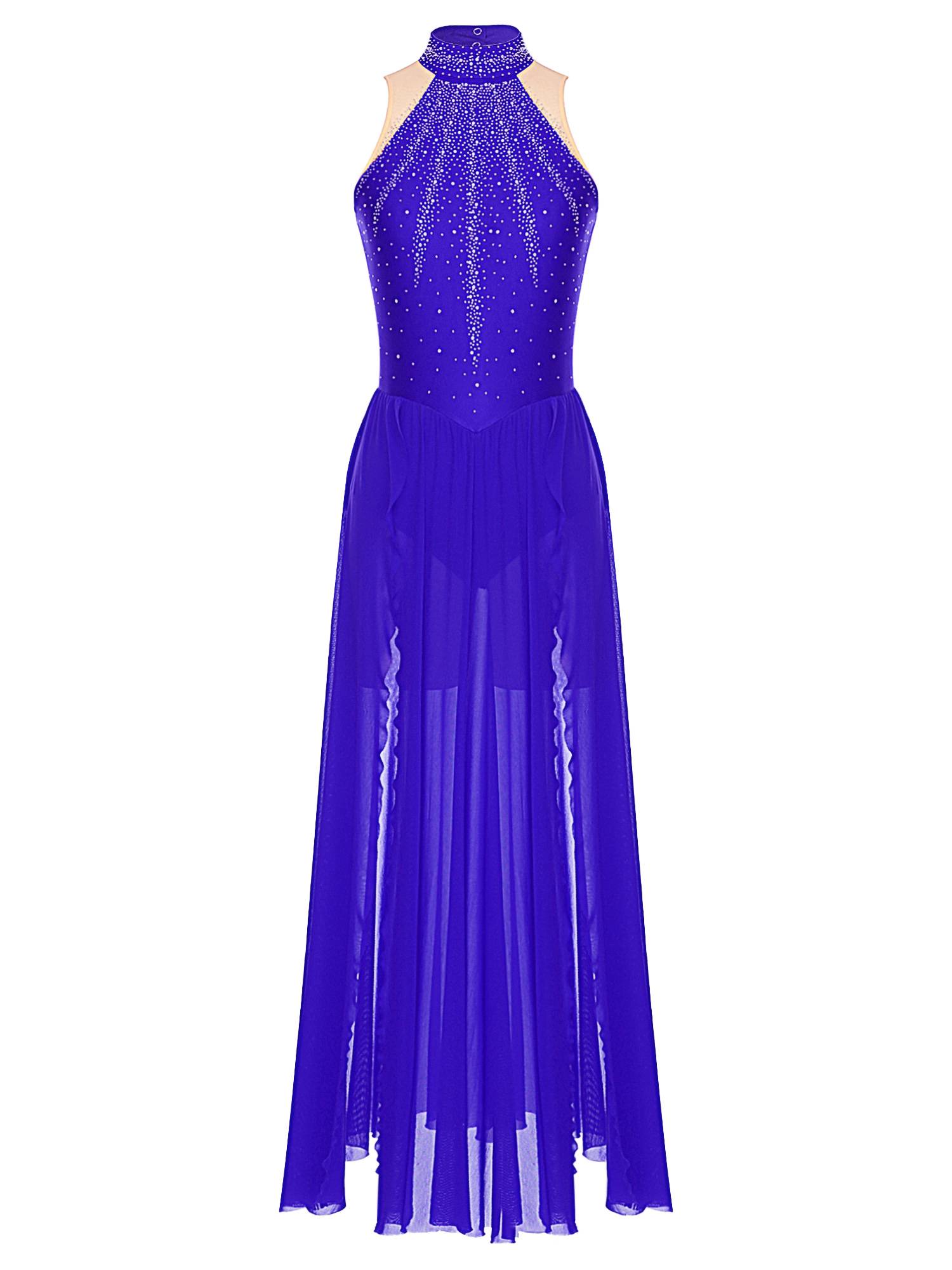 Women Sleeveless Rhinestones High Slit Maxi Dress for Lyrical Dance