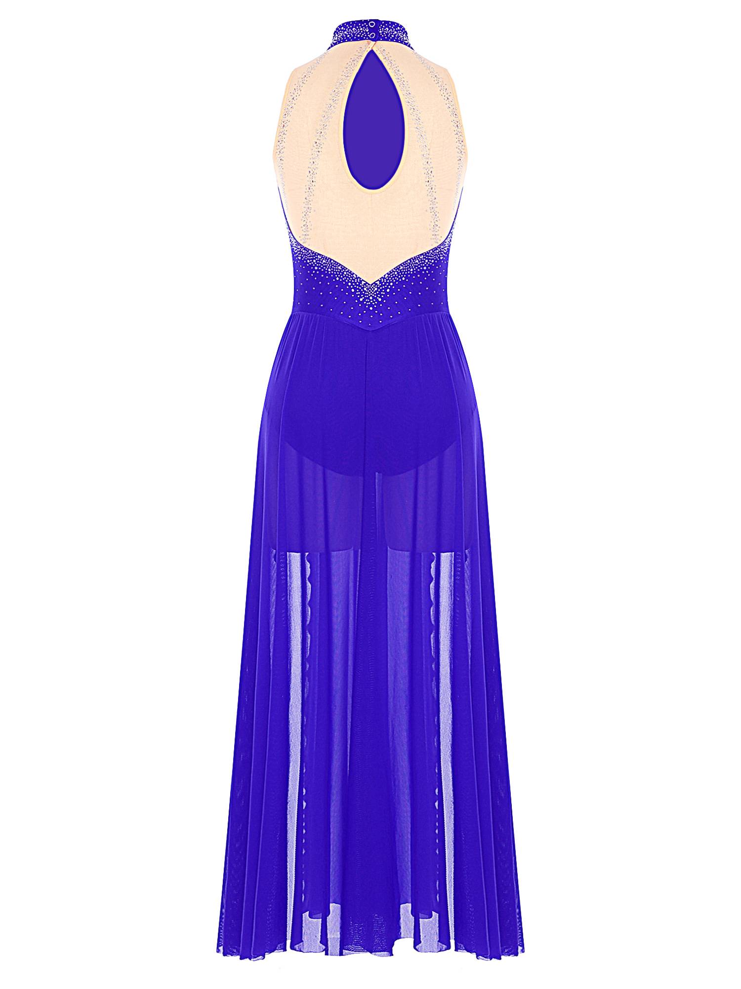 Women Sleeveless Rhinestones High Slit Maxi Dress for Lyrical Dance