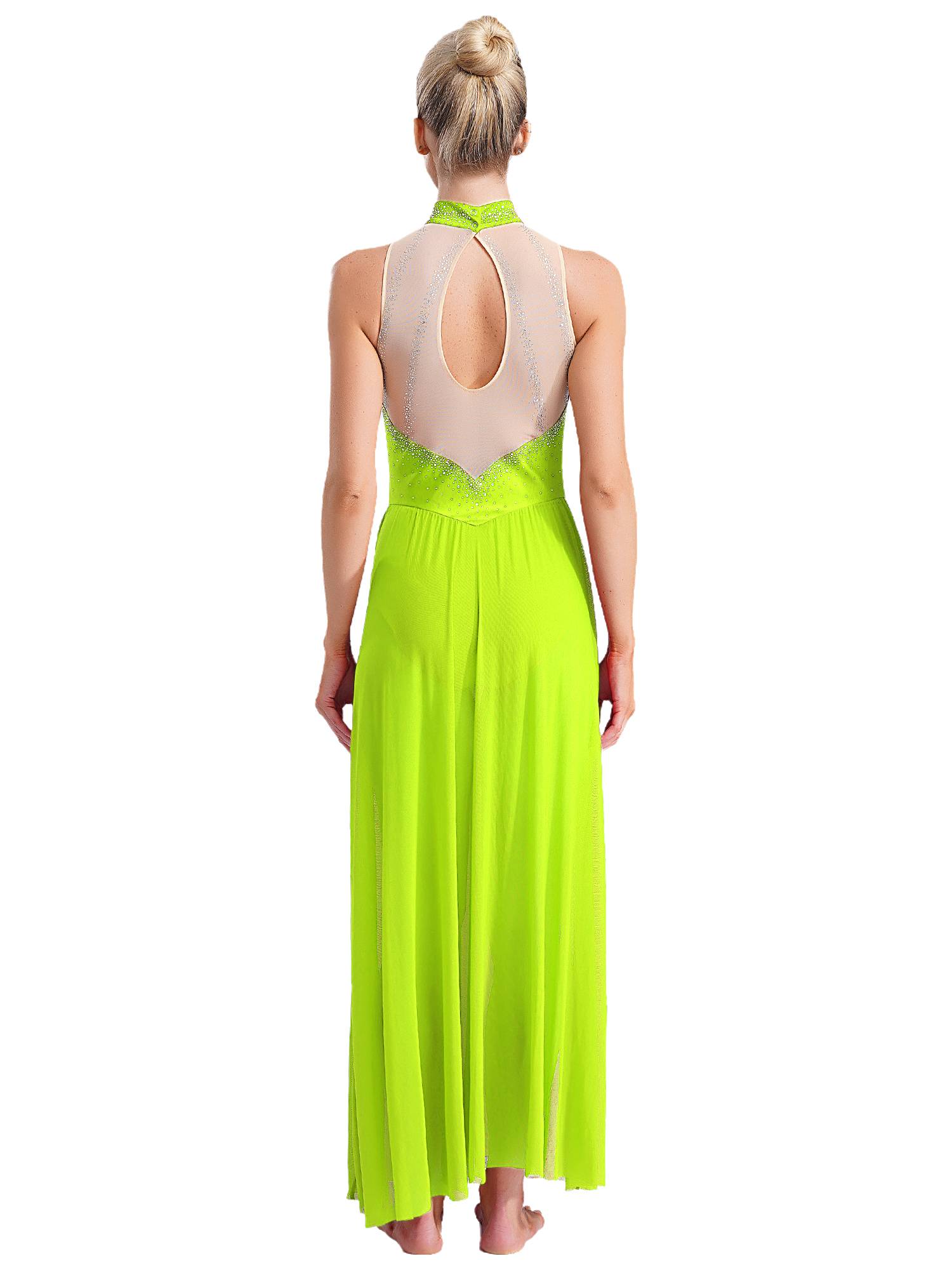 Women Sleeveless Rhinestones High Slit Maxi Dress for Lyrical Dance