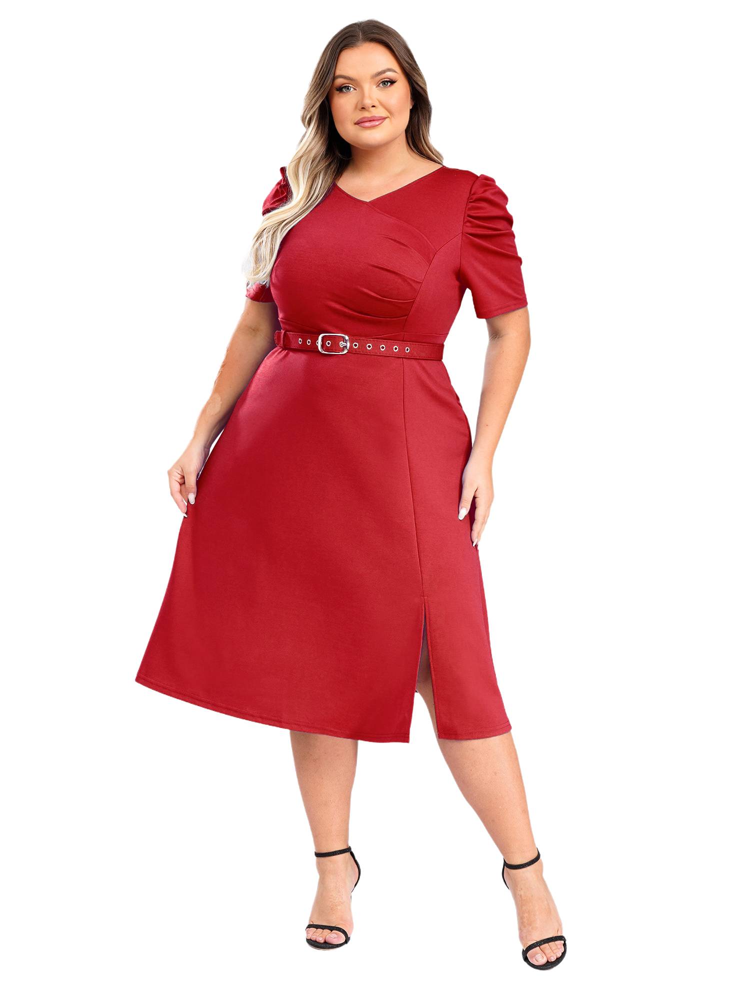 Women V-neck Short Sleeve A-Line Dress with Belt for Banquet Wedding
