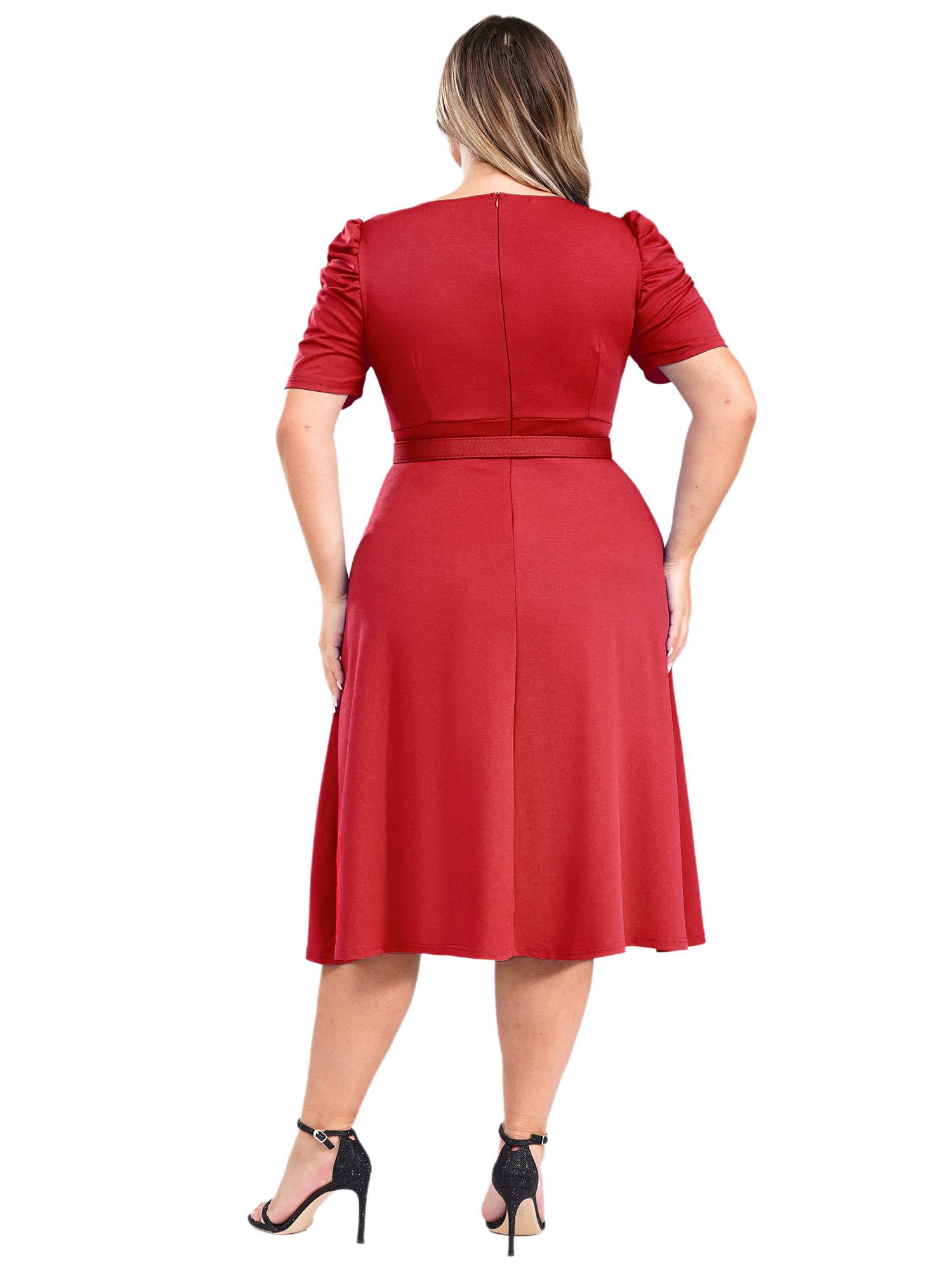 Women V-neck Short Sleeve A-Line Dress with Belt for Banquet Wedding