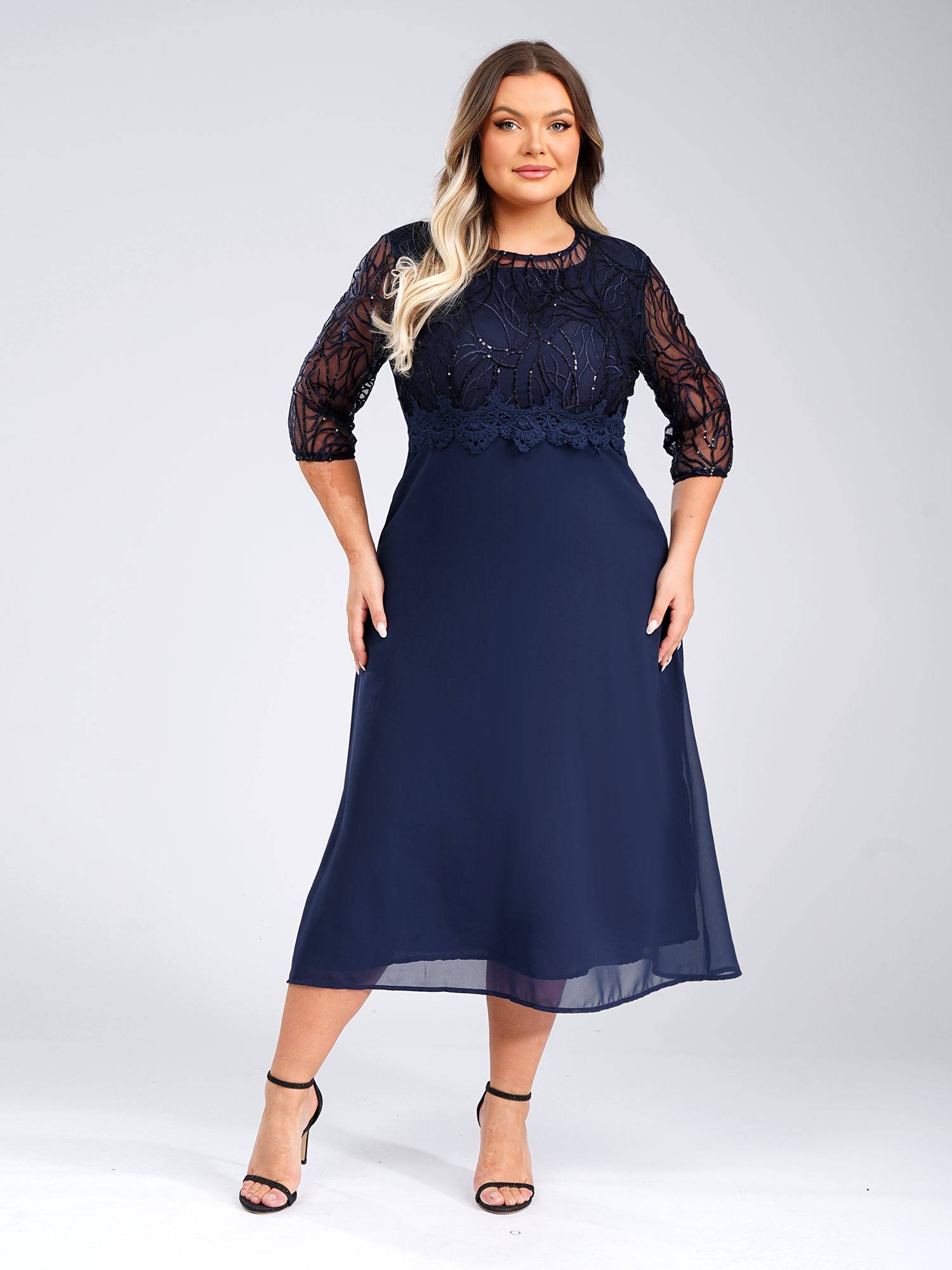 Women Plus Size Half Sleeves Sequins Embroidered Lace Calf Length Party Dress