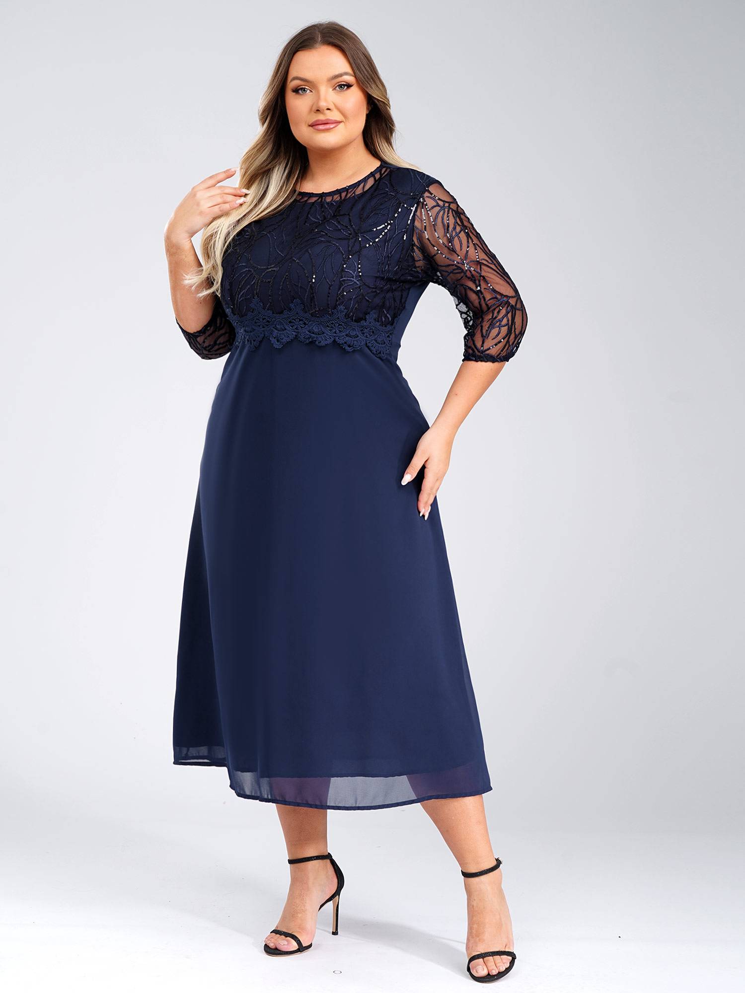 Women Plus Size Half Sleeves Sequins Embroidered Lace Calf Length Party Dress