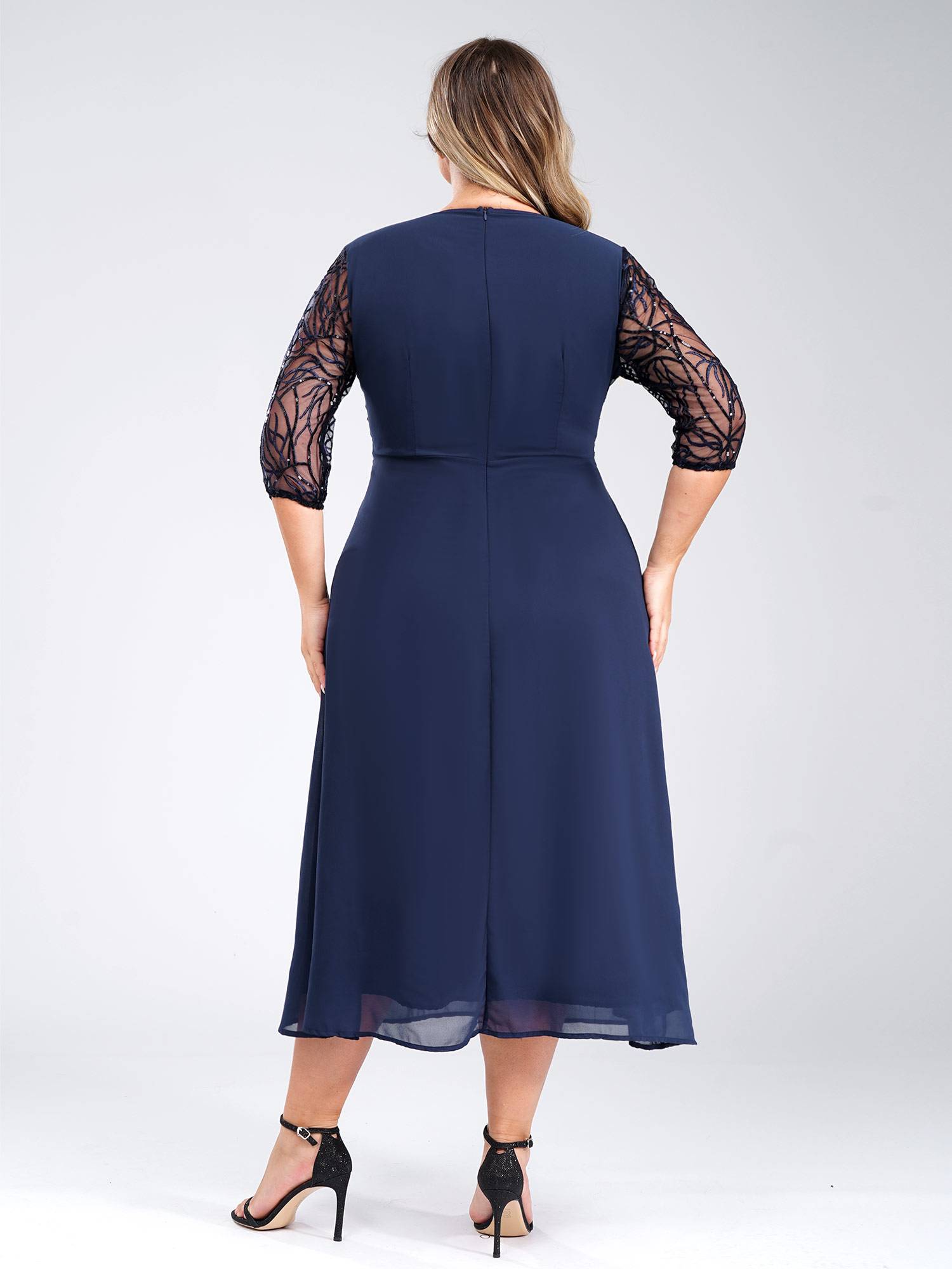 Women Plus Size Half Sleeves Sequins Embroidered Lace Calf Length Party Dress