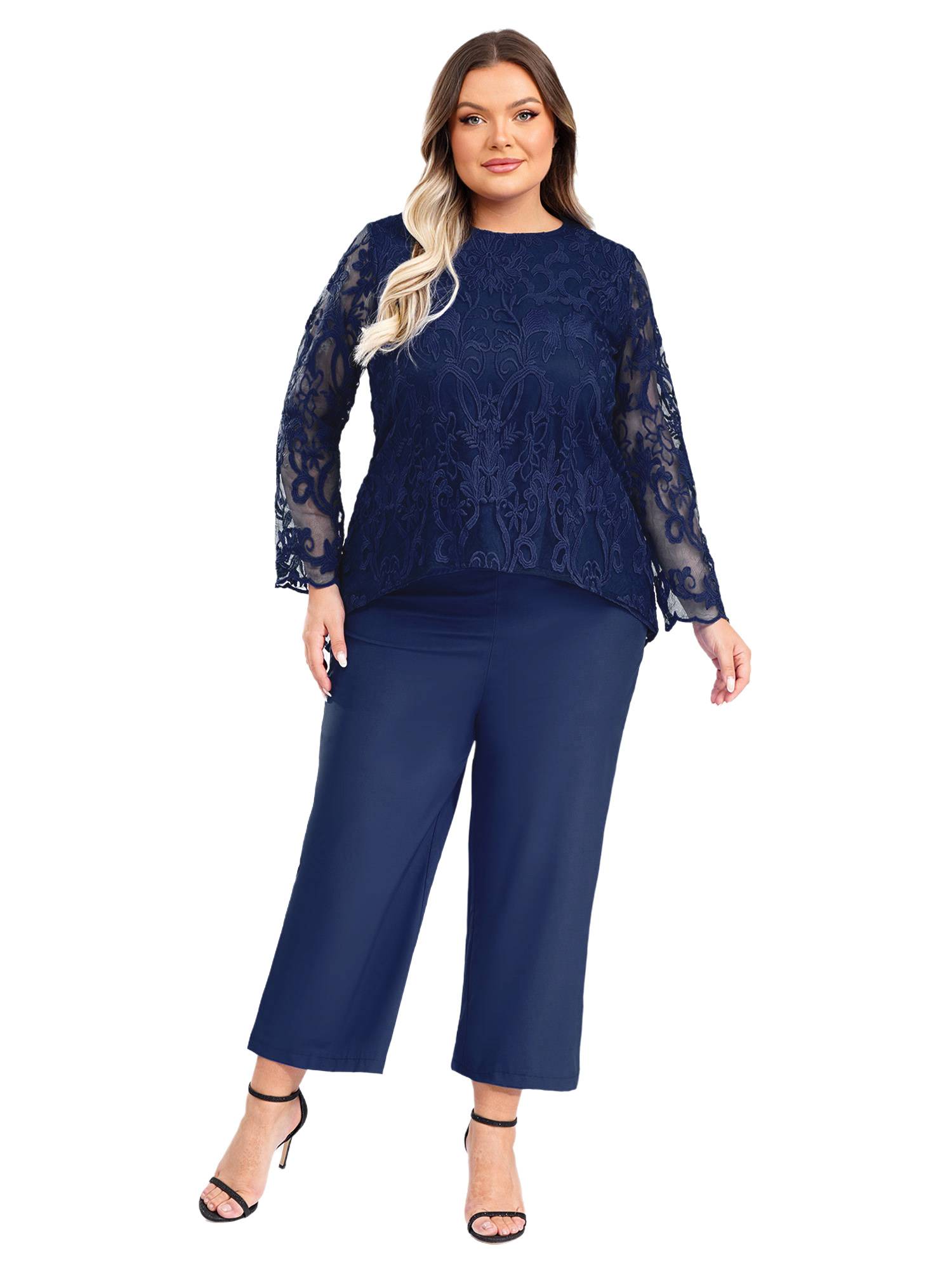 Women 2pcs Long Sleeve High-Low Embroidered Top and Wide-leg Pants Party Outfits
