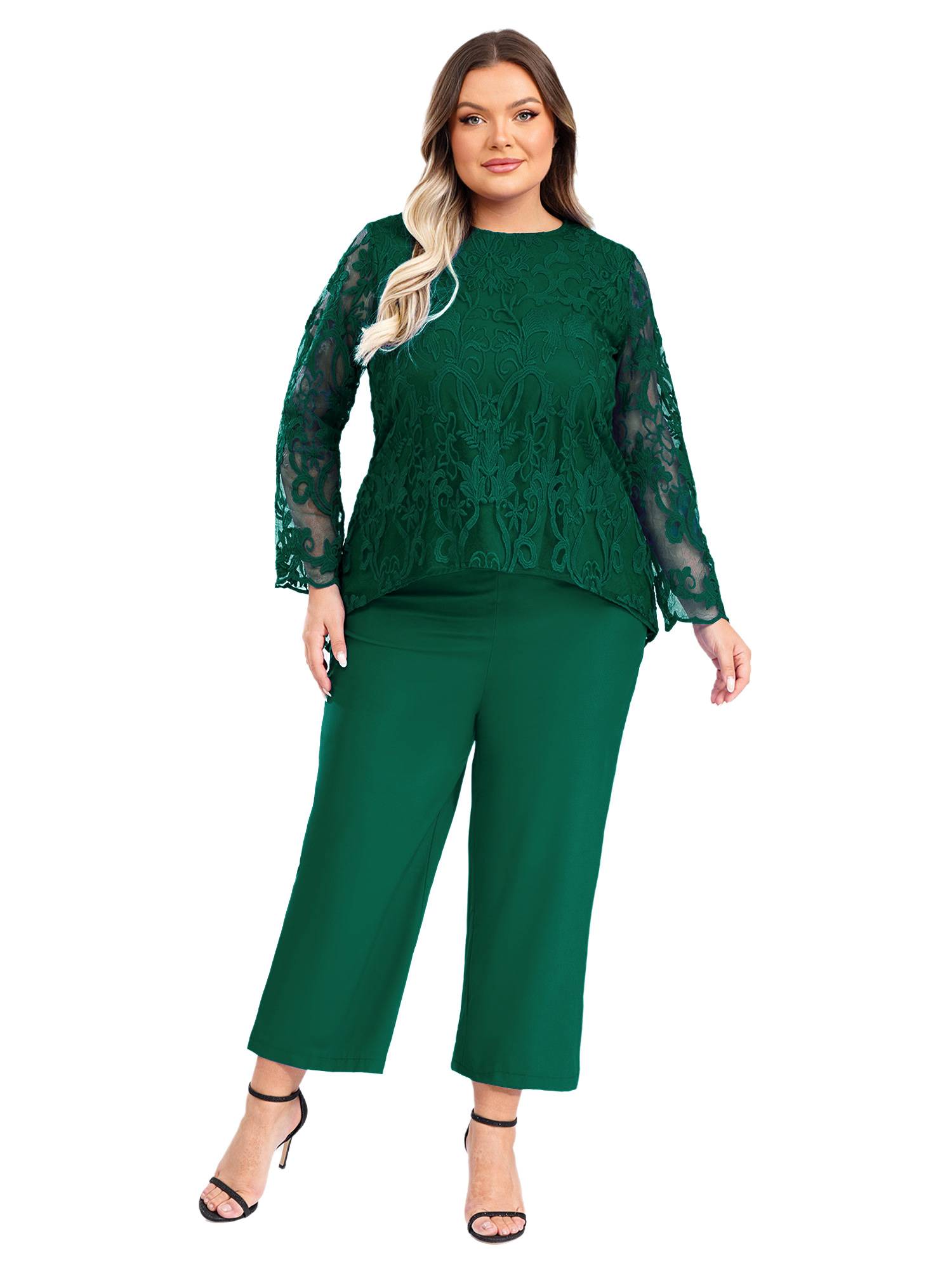 Women 2pcs Long Sleeve High-Low Embroidered Top and Wide-leg Pants Party Outfits