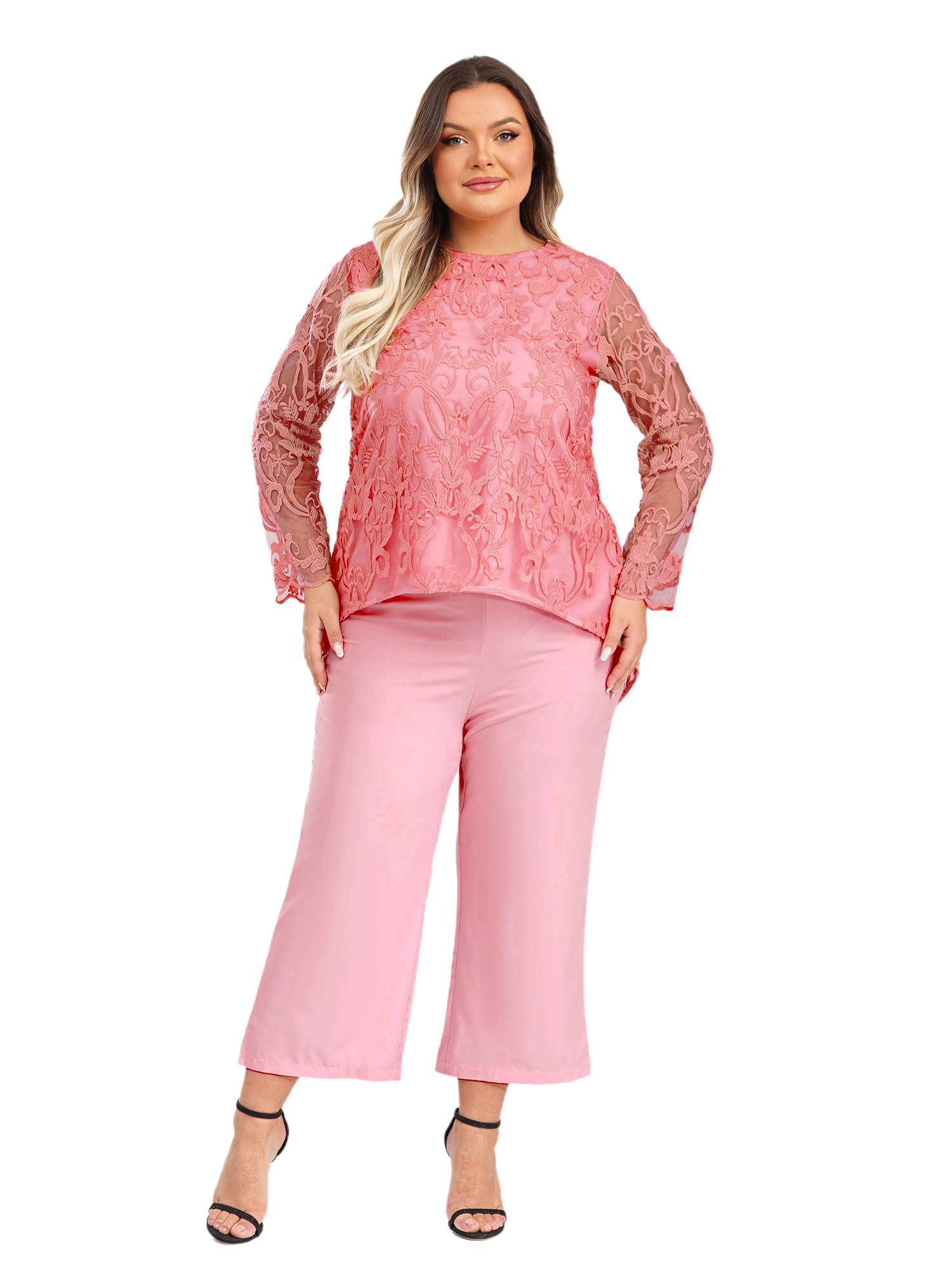 Women 2pcs Long Sleeve High-Low Embroidered Top and Wide-leg Pants Party Outfits