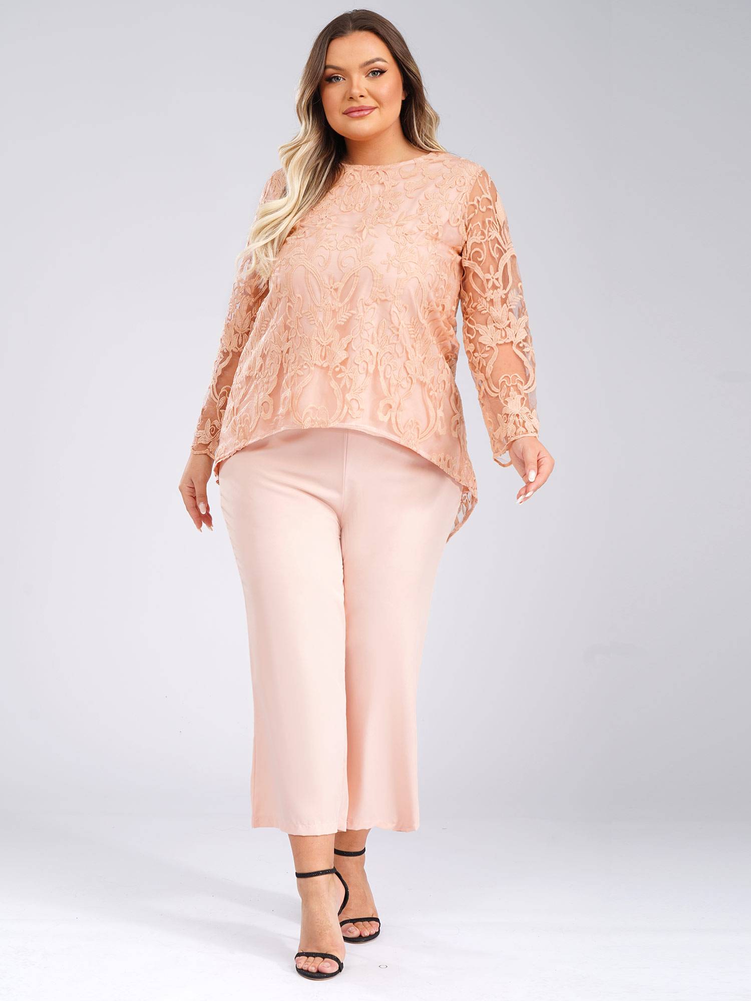Women 2pcs Long Sleeve High-Low Embroidered Top and Wide-leg Pants Party Outfits