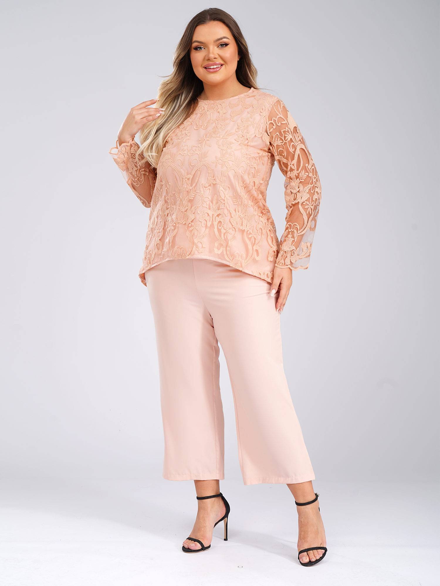 Women 2pcs Long Sleeve High-Low Embroidered Top and Wide-leg Pants Party Outfits