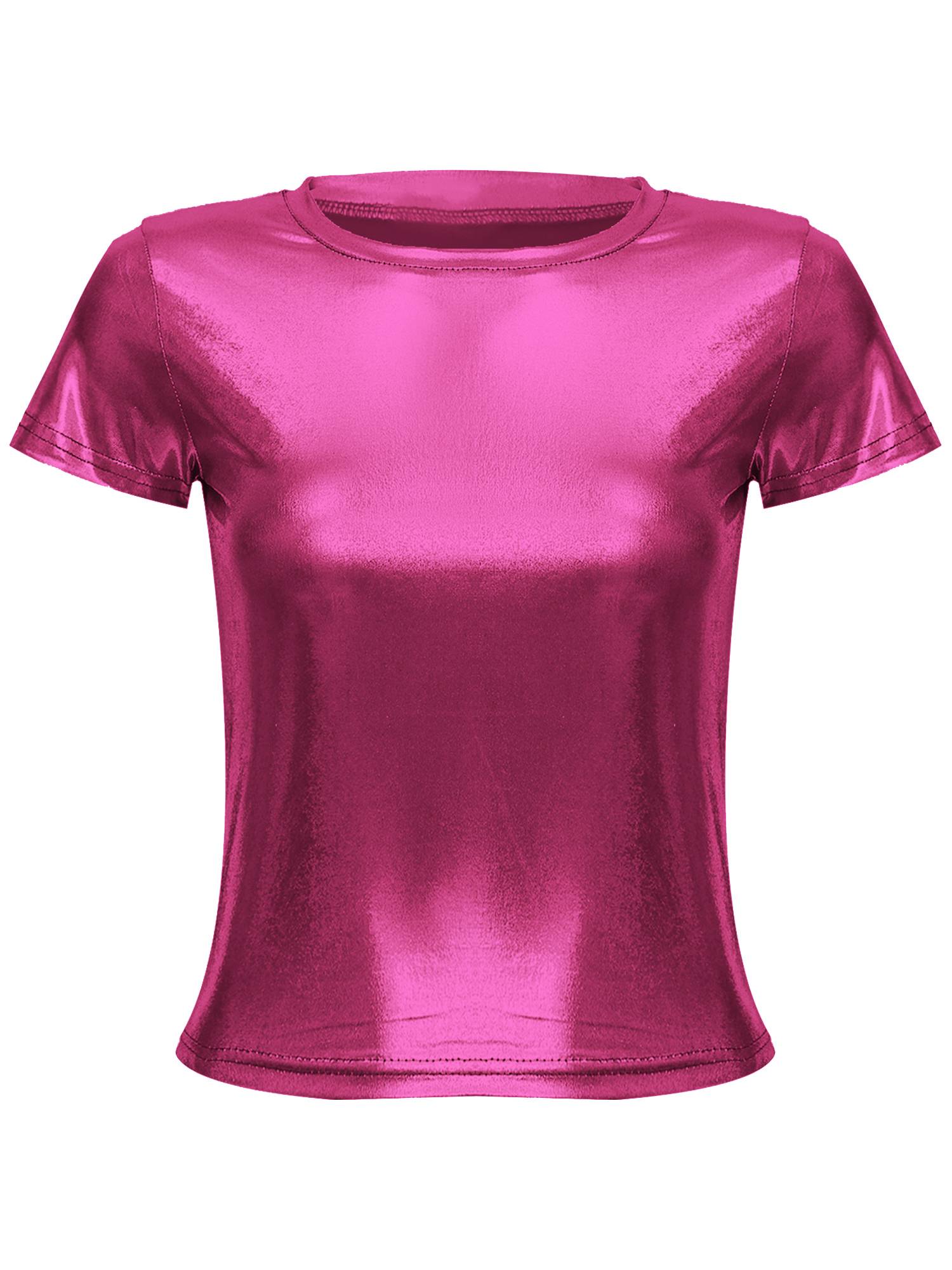Women Metallic Short Sleeve T-shirt for Dance Party