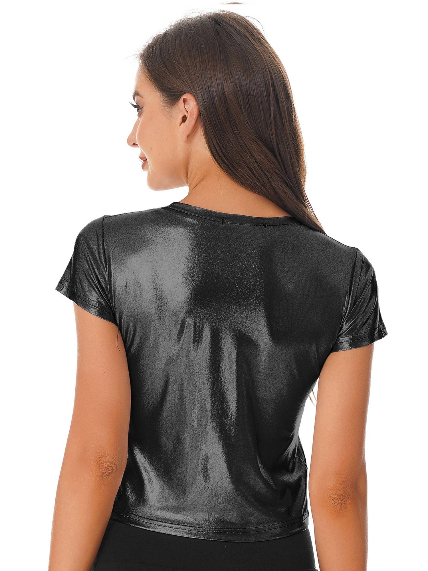 Women Metallic Short Sleeve T-shirt for Dance Party