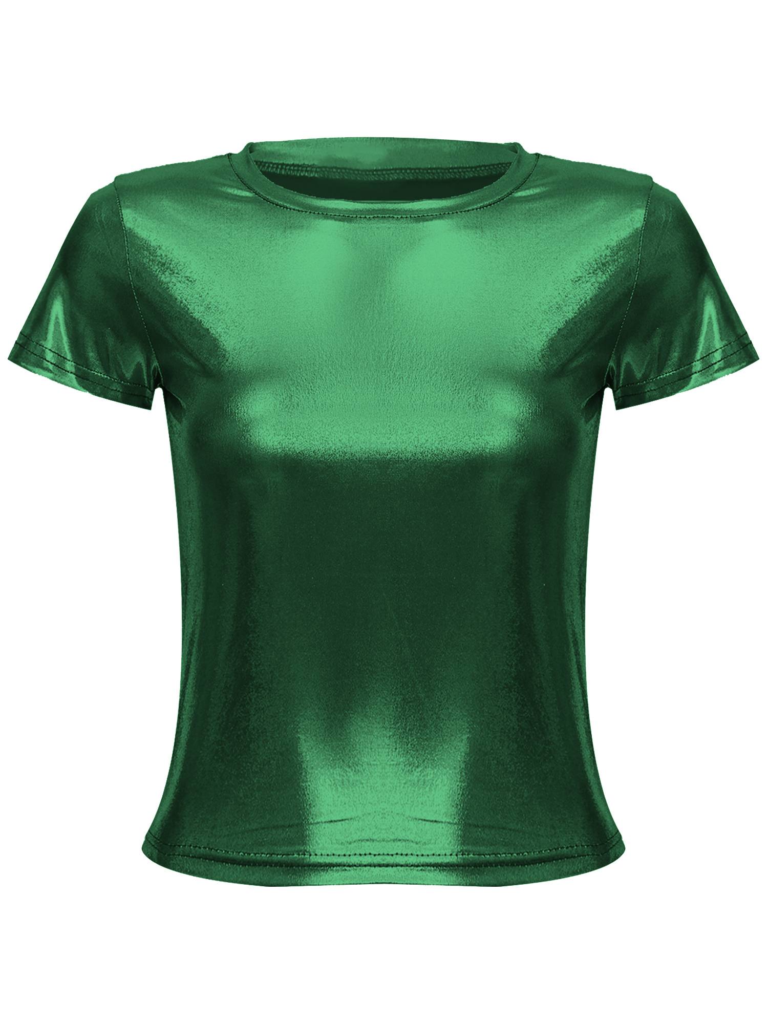 Women Metallic Short Sleeve T-shirt for Dance Party