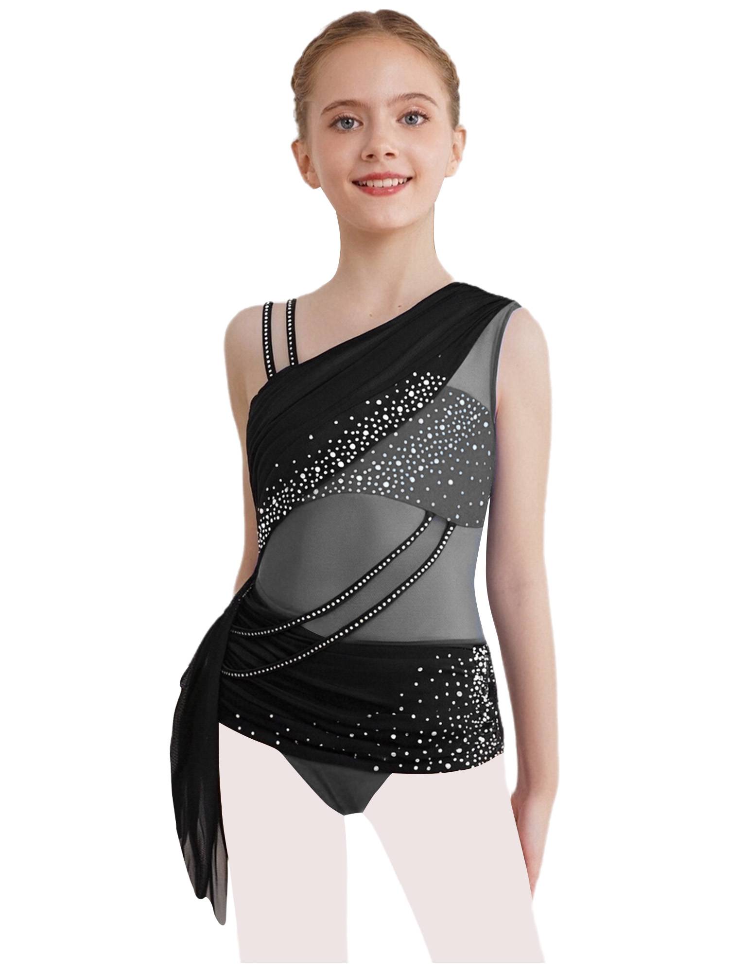 Girls Slseeveless Rhinestone Lyrical Dance Dress Color Block Skate Leotard Dress