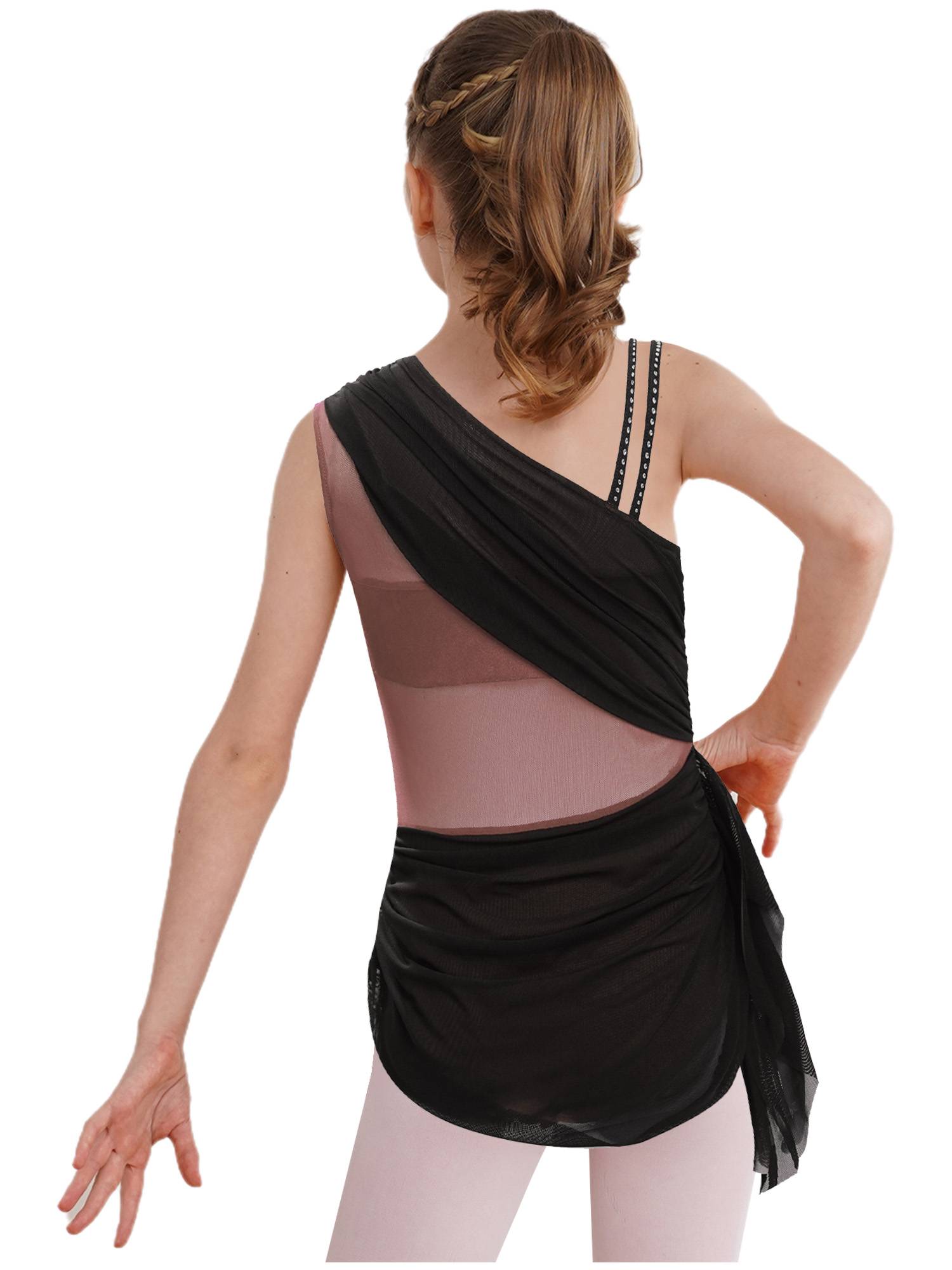 Girls Slseeveless Rhinestone Lyrical Dance Dress Color Block Skate Leotard Dress