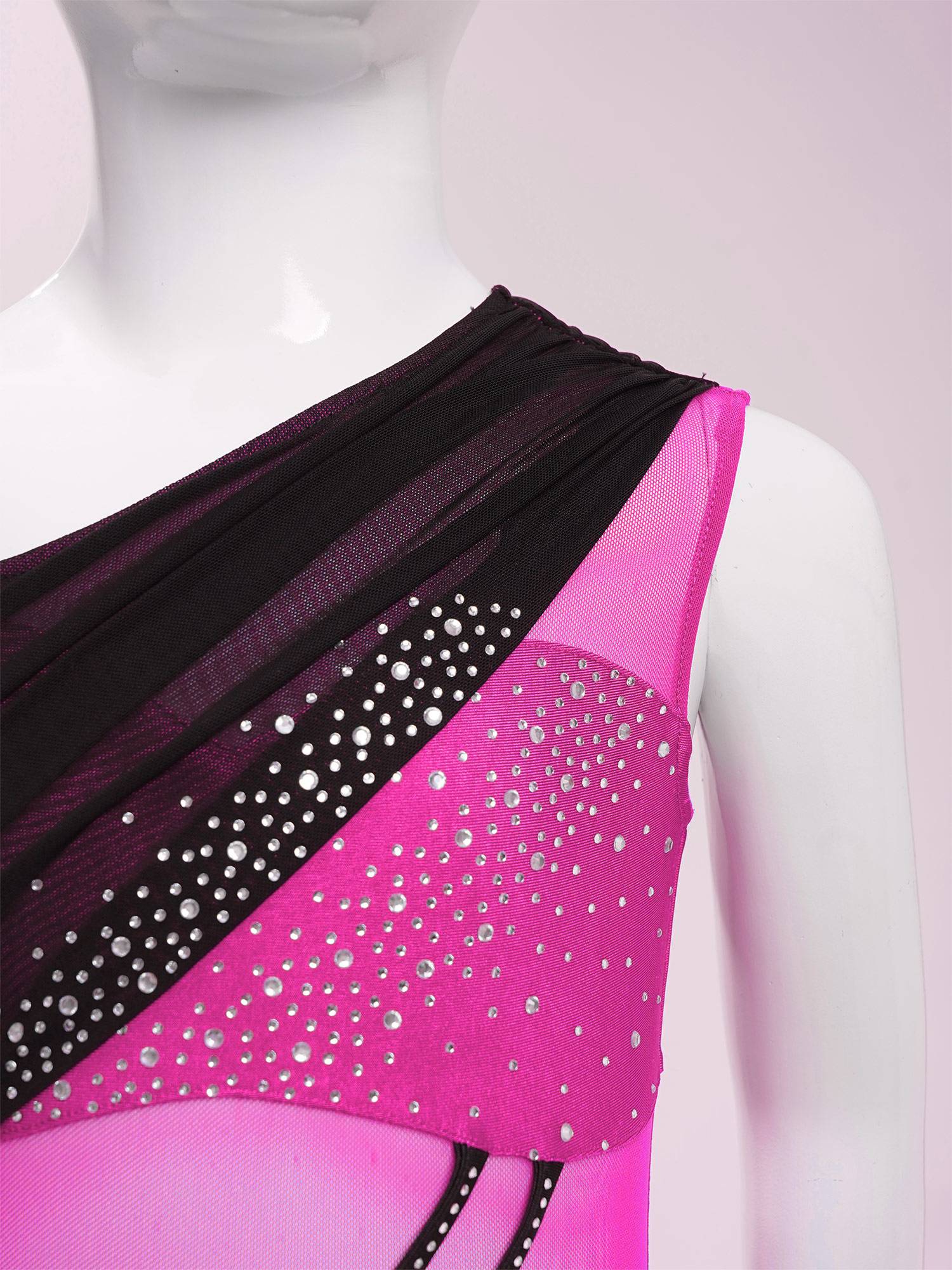 Girls Slseeveless Rhinestone Lyrical Dance Dress Color Block Skate Leotard Dress