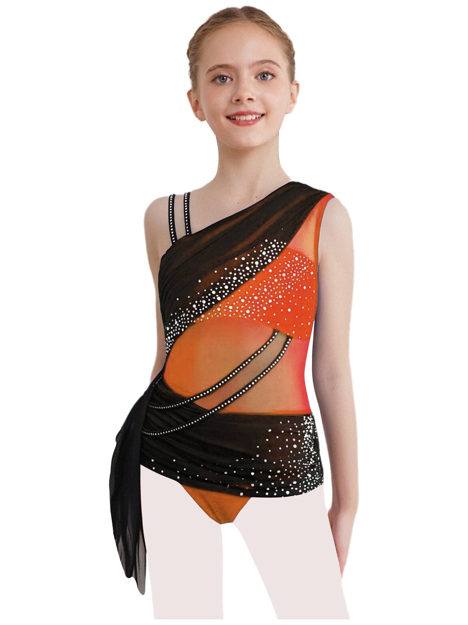 Girls Slseeveless Rhinestone Lyrical Dance Dress Color Block Skate Leotard Dress