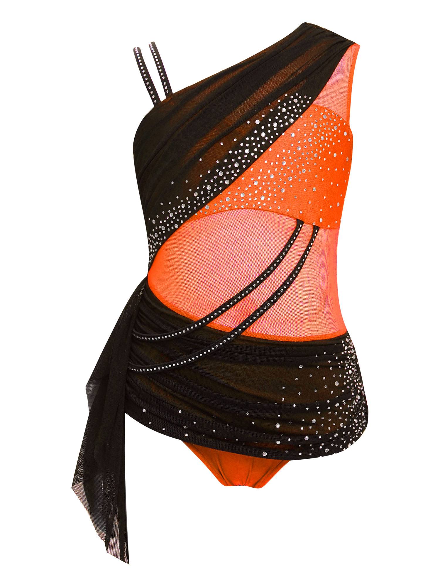 Girls Slseeveless Rhinestone Lyrical Dance Dress Color Block Skate Leotard Dress