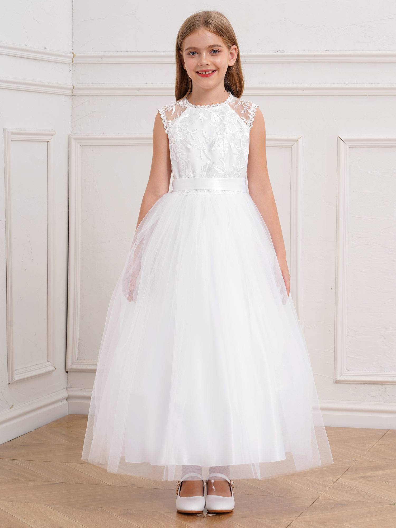 Kids Girls Sleeveless Lace A-line Flower-Girl Dress with Belt for Communion