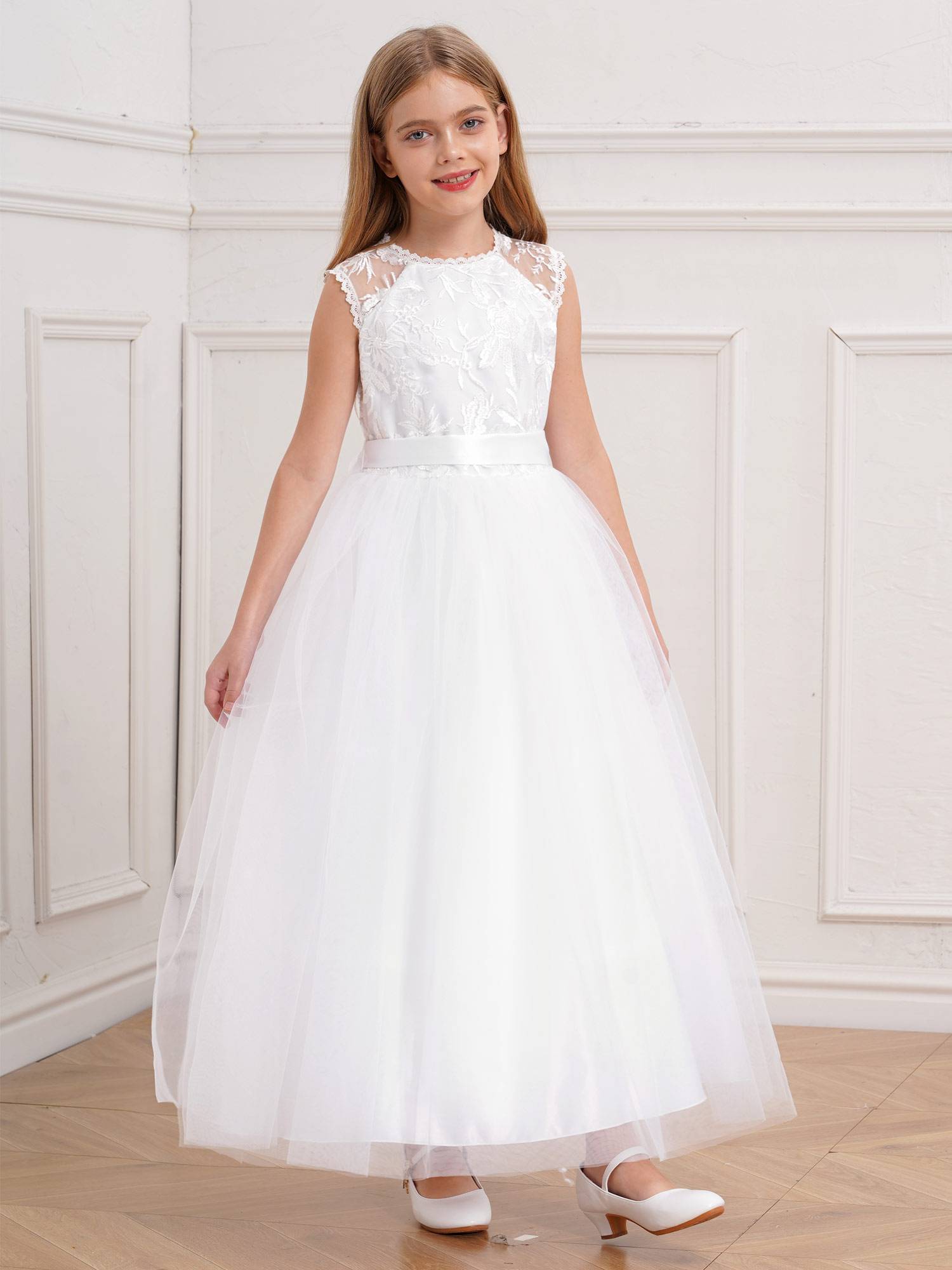 Kids Girls Sleeveless Lace A-line Flower-Girl Dress with Belt for Communion