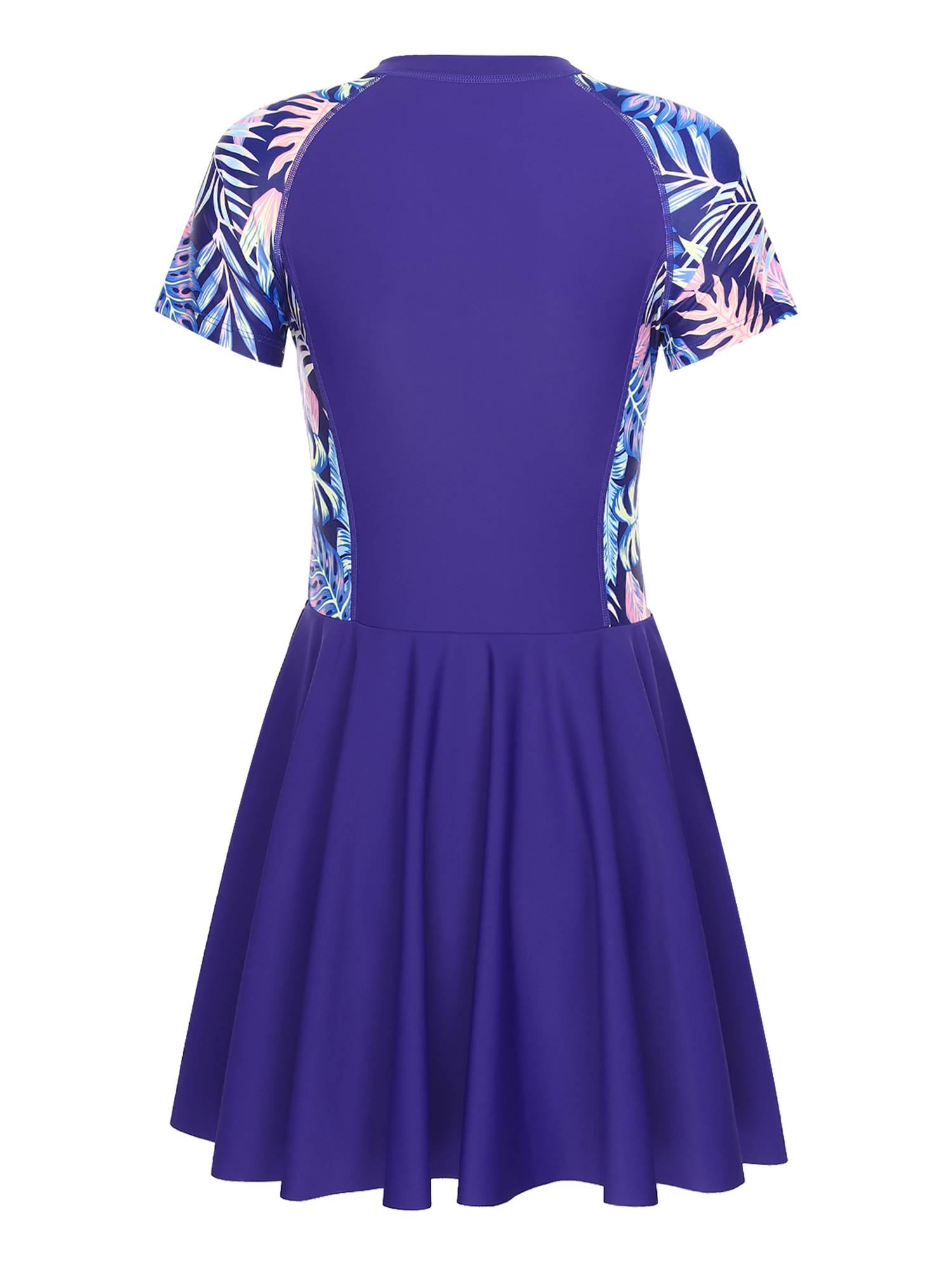 Women Plus Size One Piece Swimsuit Short Sleeve Swim Dress with Built-in Briefs