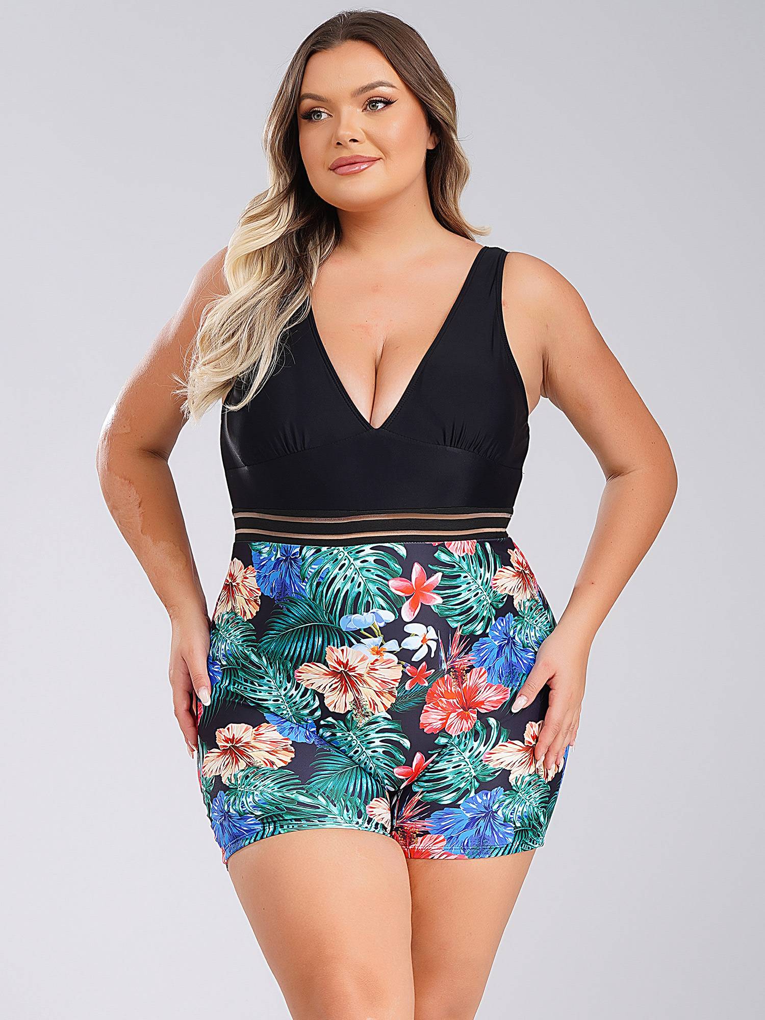 Women Plus Size One Piece Swimsuit Deep V Neck Sleeveless Padded Swim Jumpsuit