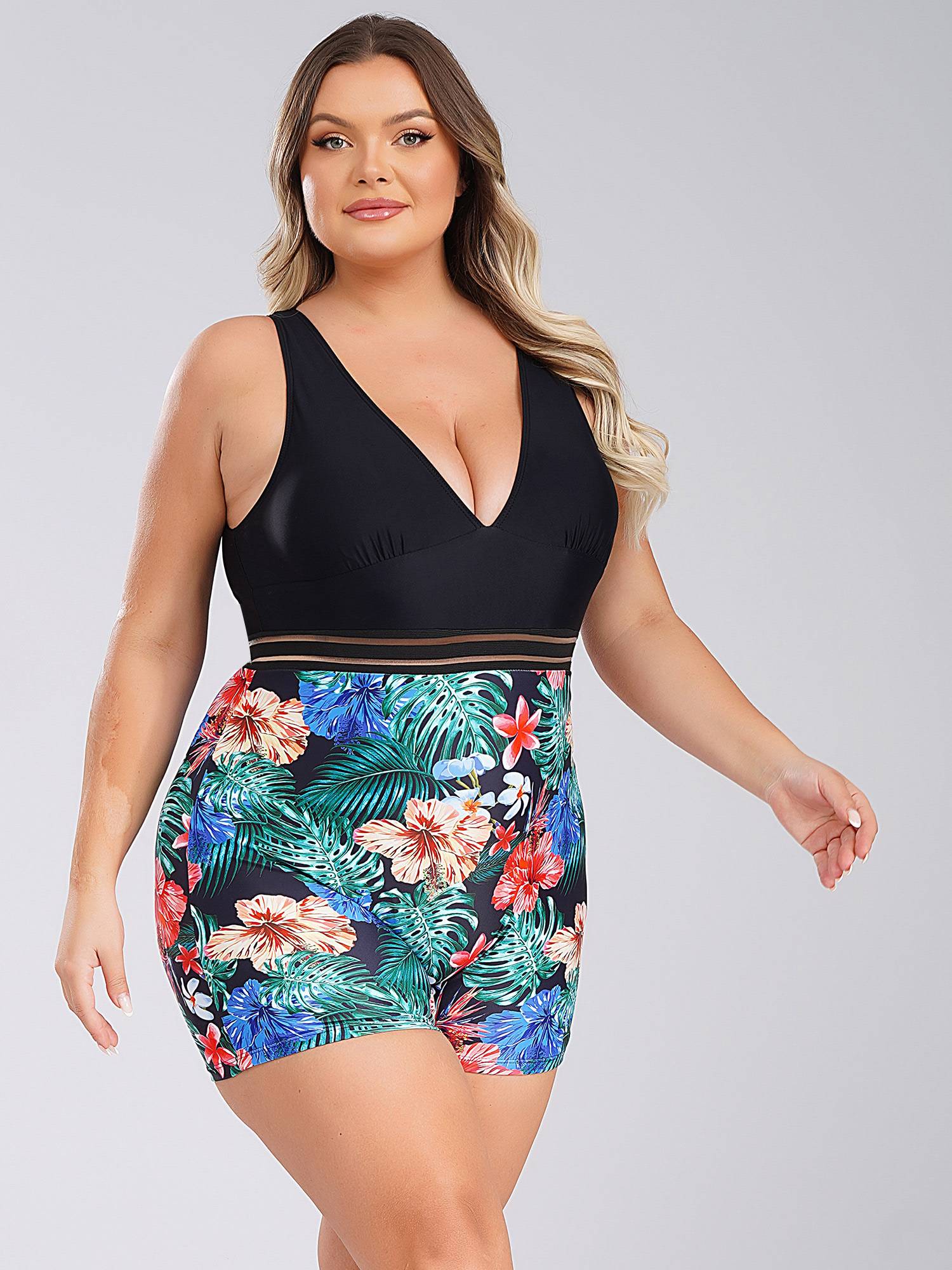 Women Plus Size One Piece Swimsuit Deep V Neck Sleeveless Padded Swim Jumpsuit