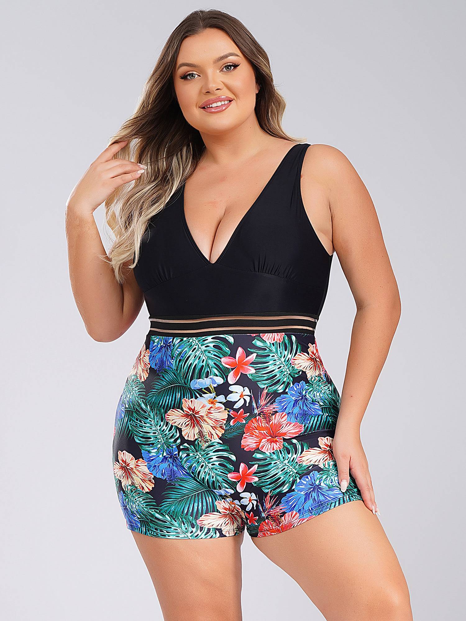 Women Plus Size One Piece Swimsuit Deep V Neck Sleeveless Padded Swim Jumpsuit