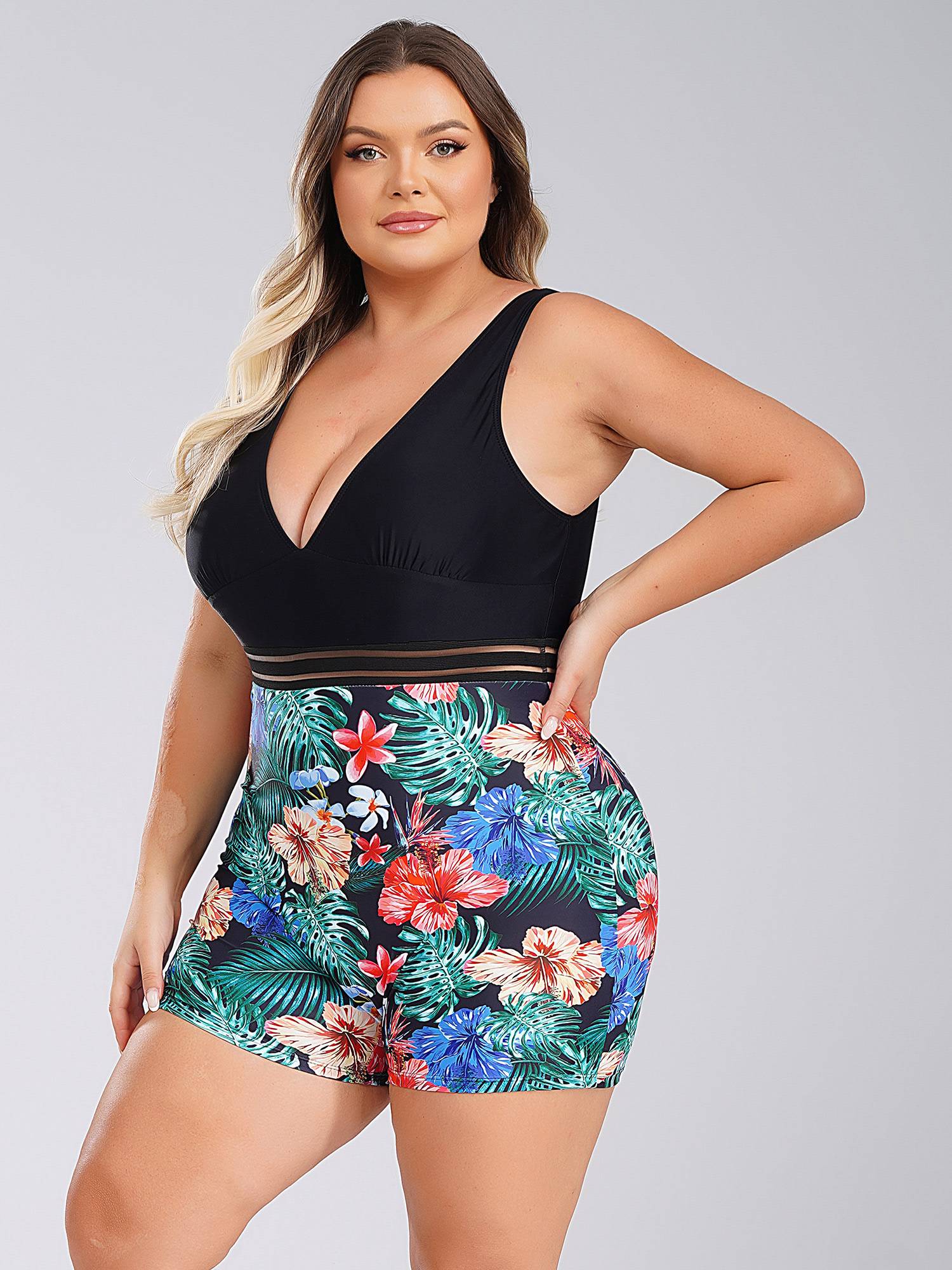 Women Plus Size One Piece Swimsuit Deep V Neck Sleeveless Padded Swim Jumpsuit