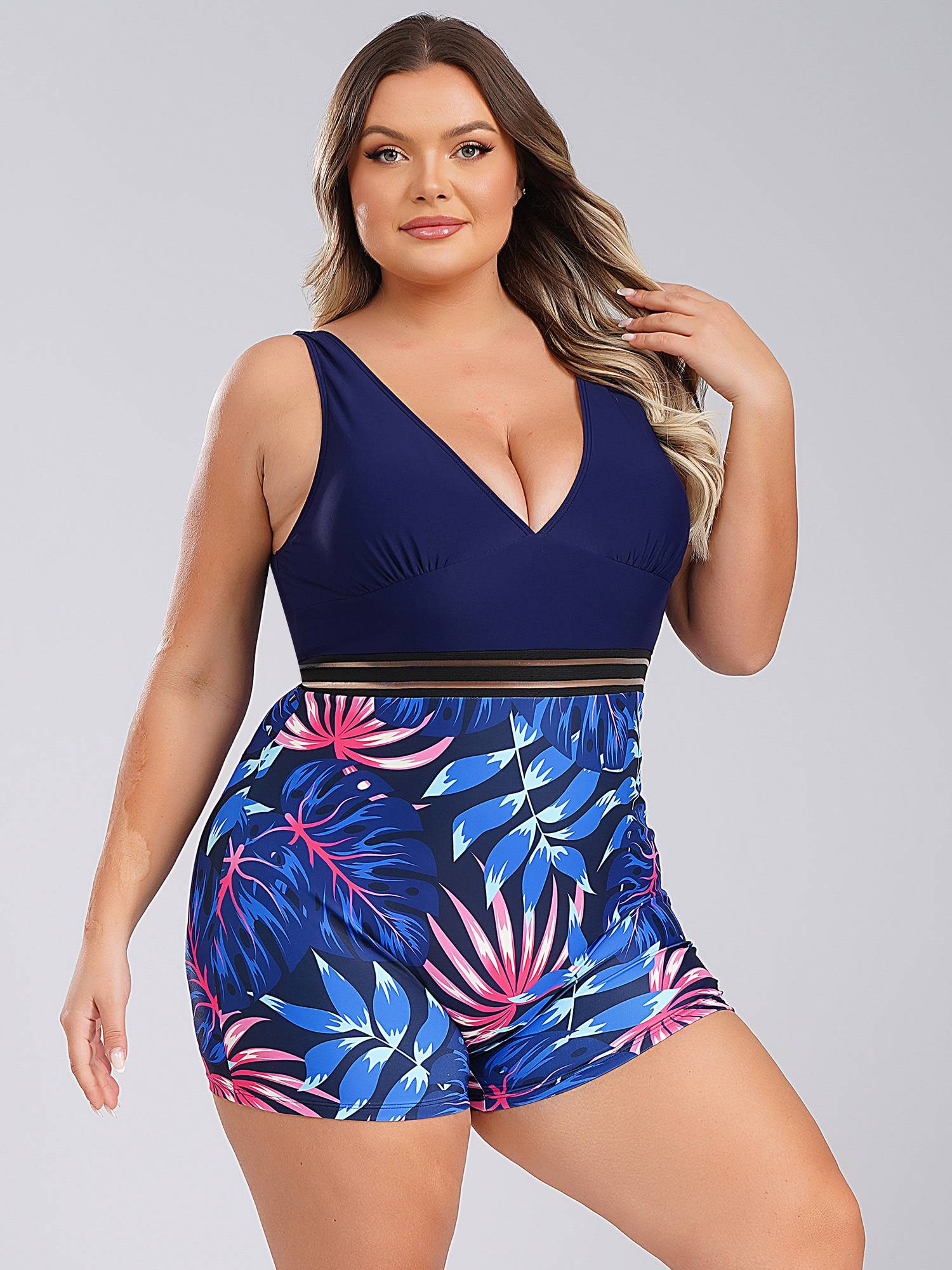 Women Plus Size One Piece Swimsuit Deep V Neck Sleeveless Padded Swim Jumpsuit