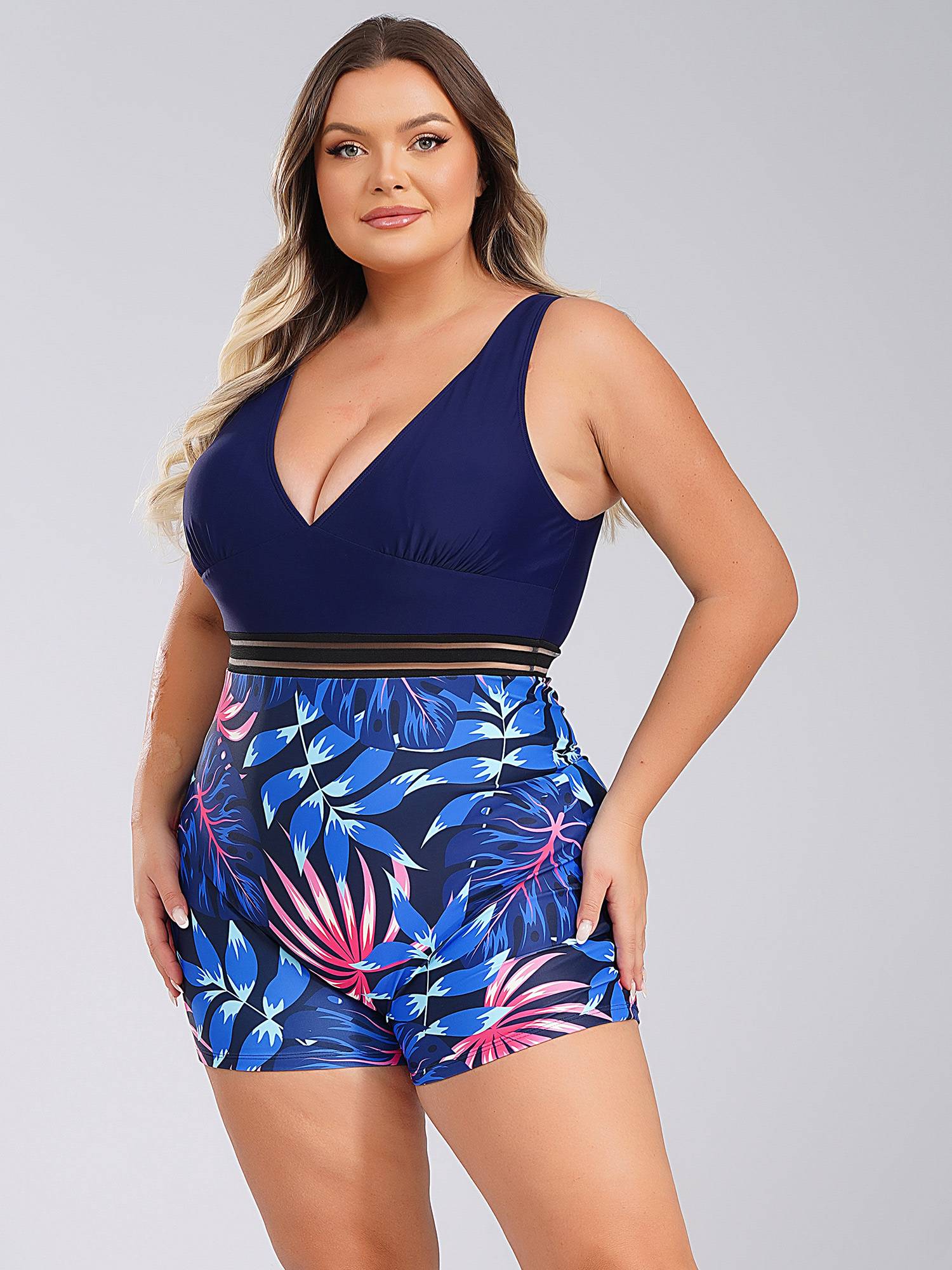 Women Plus Size One Piece Swimsuit Deep V Neck Sleeveless Padded Swim Jumpsuit