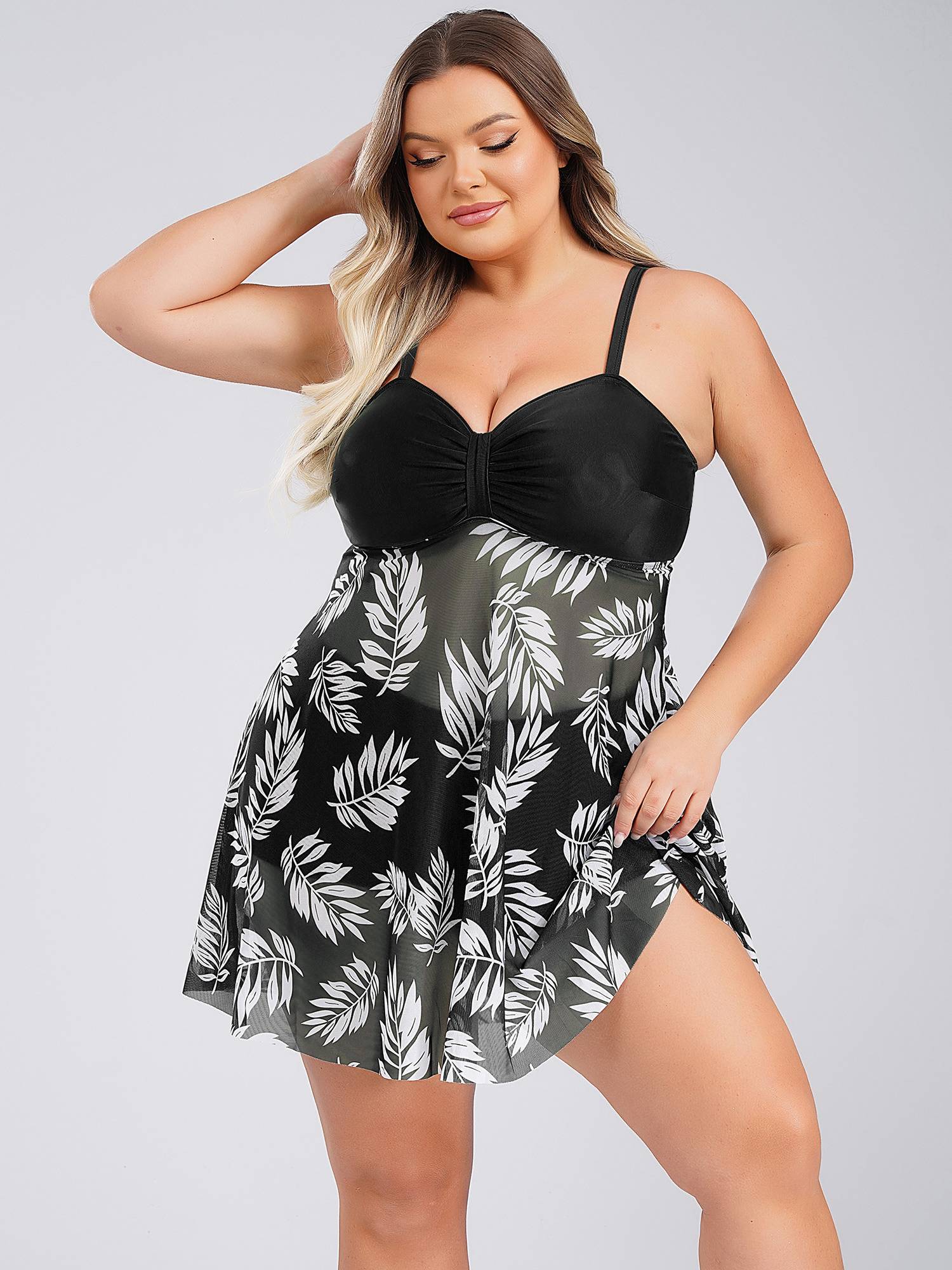 Women 2pcs Plus Size Swimsuit Tropical Print Swim Dress with Shorts Swimming Set