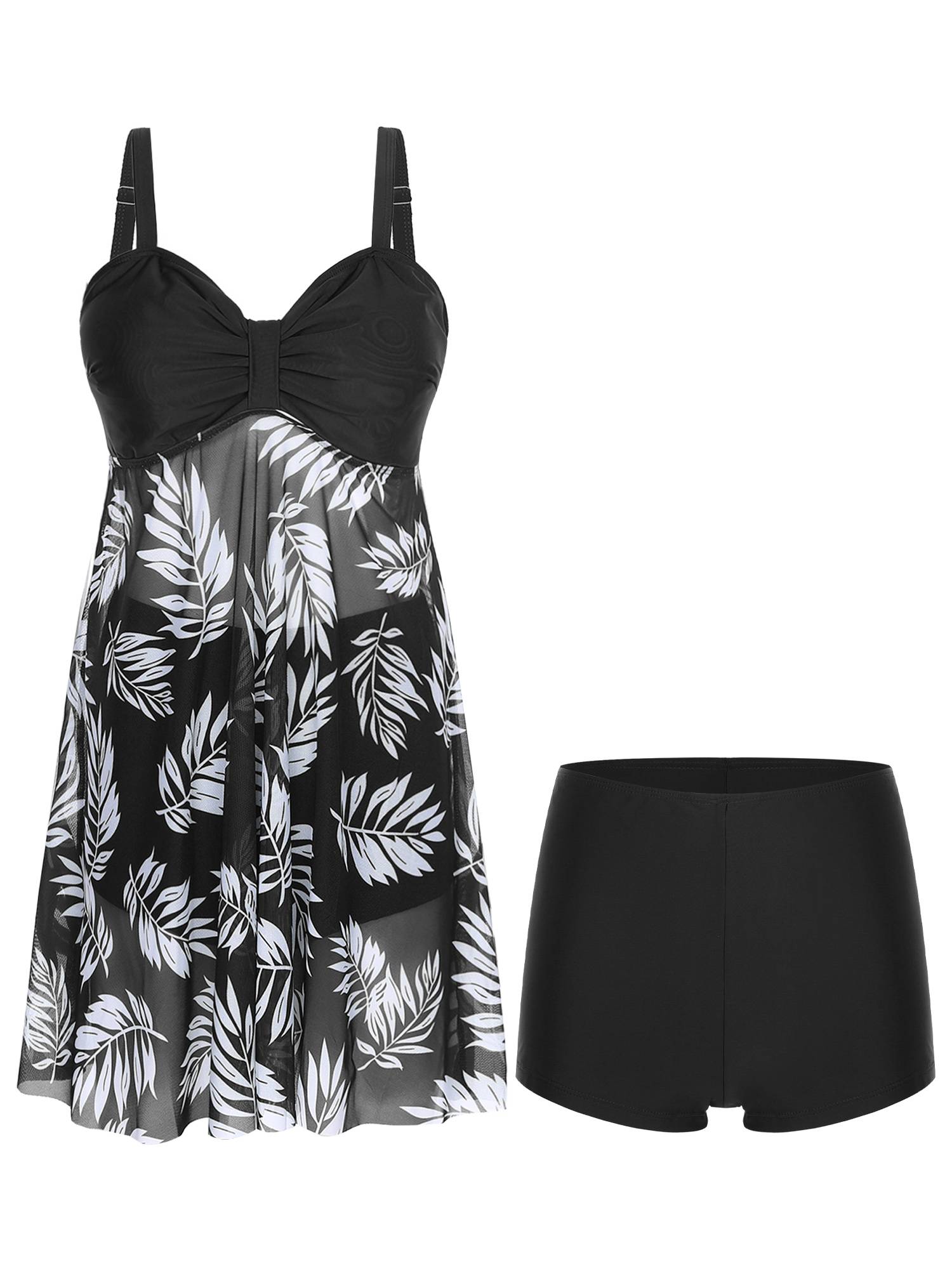 Women 2pcs Plus Size Swimsuit Tropical Print Swim Dress with Shorts Swimming Set