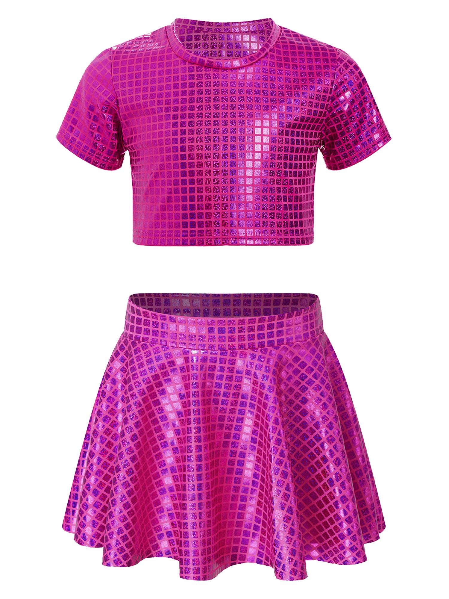Kids Girls Metallic Plaid Crop Top and Pleated Skirt Cheerleading Dance Outfits