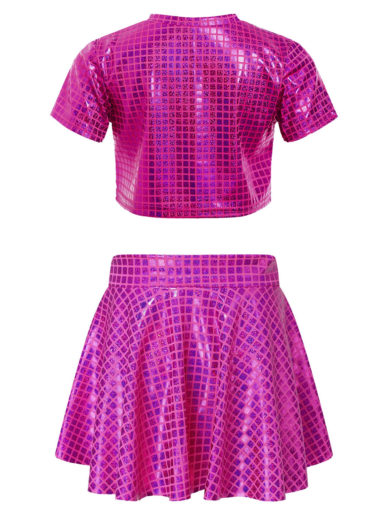 Kids Girls Metallic Plaid Crop Top and Pleated Skirt Cheerleading Dance Outfits