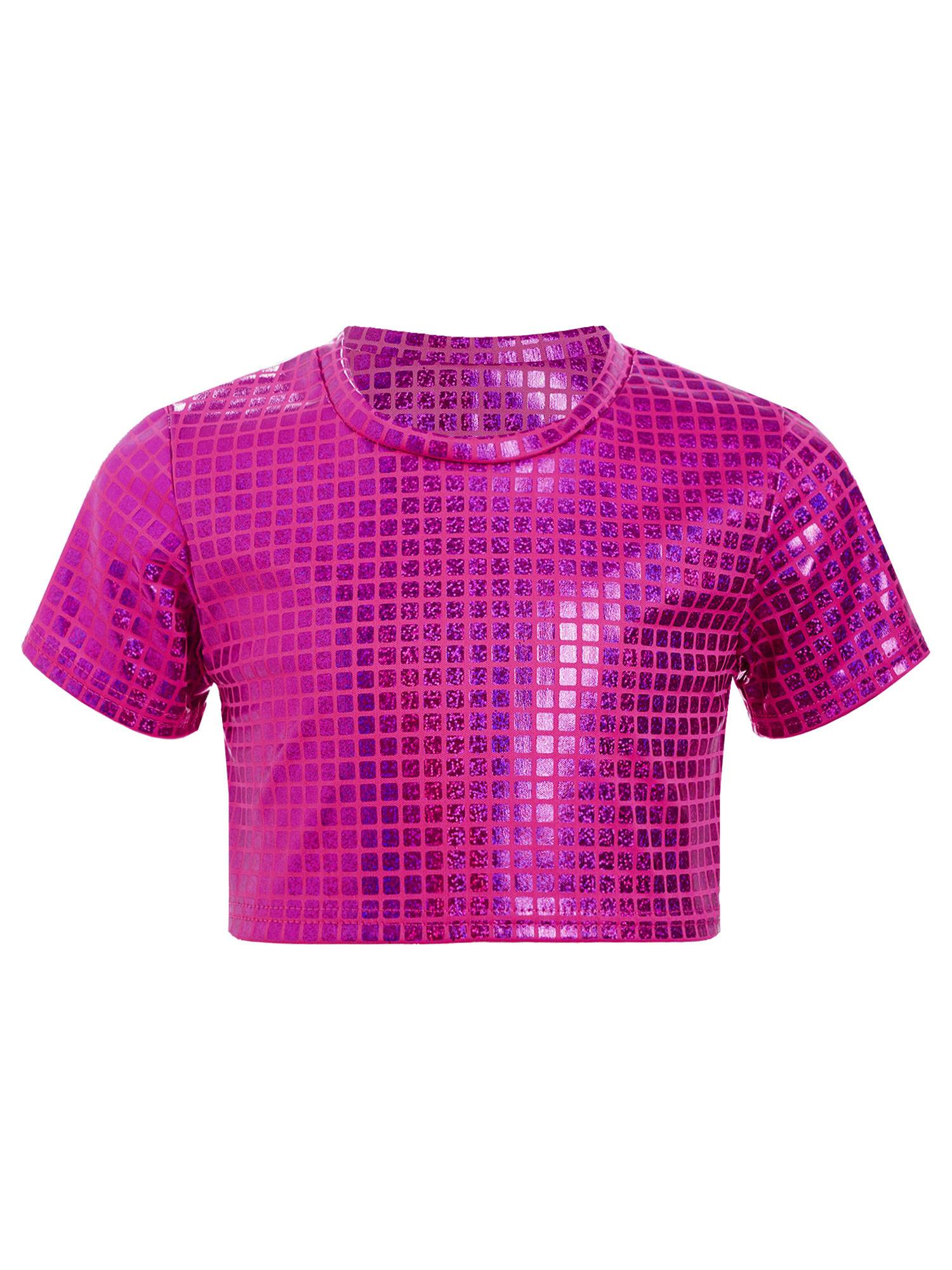 Kids Girls Metallic Plaid Crop Top and Pleated Skirt Cheerleading Dance Outfits