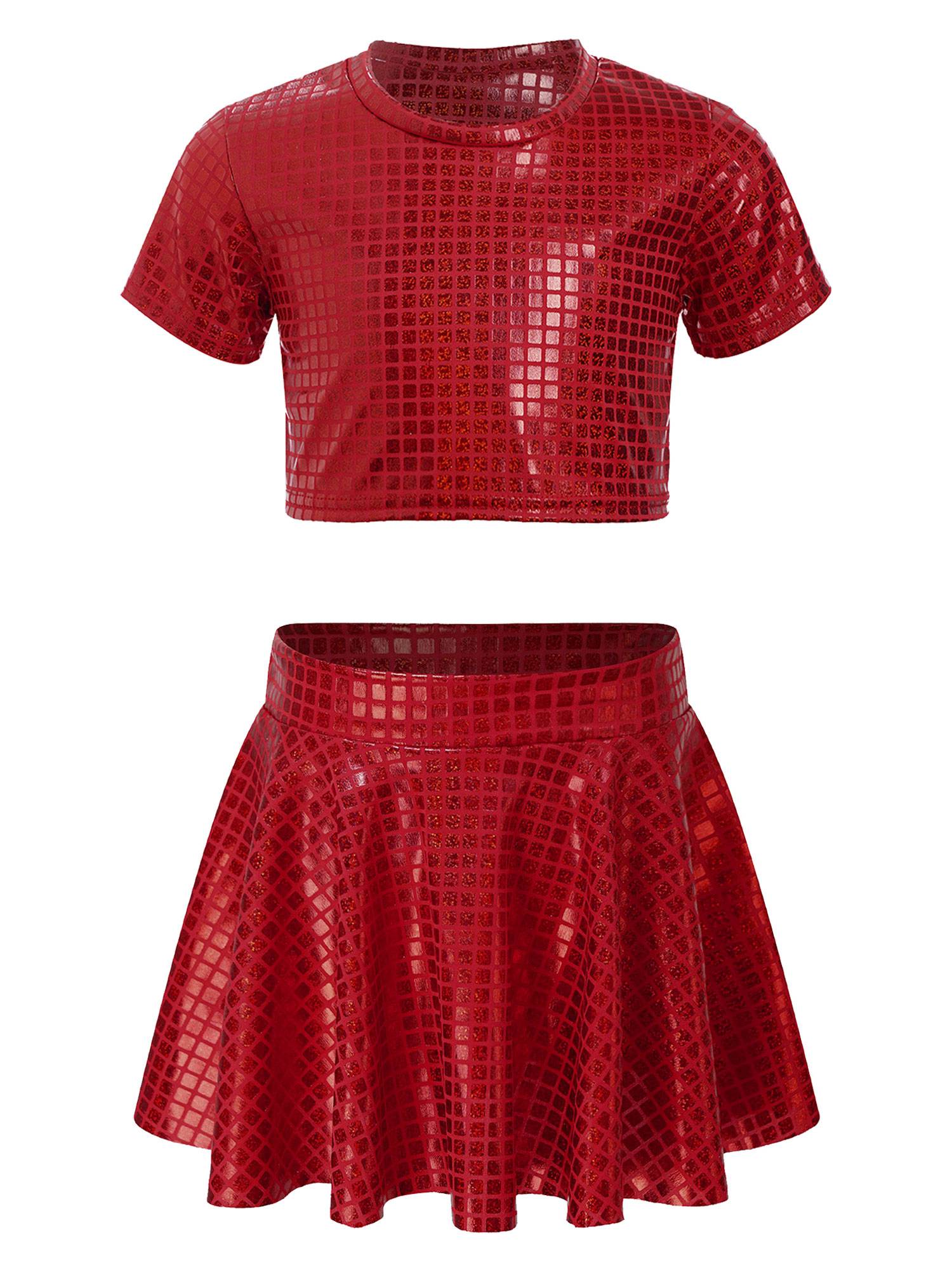 Kids Girls Metallic Plaid Crop Top and Pleated Skirt Cheerleading Dance Outfits
