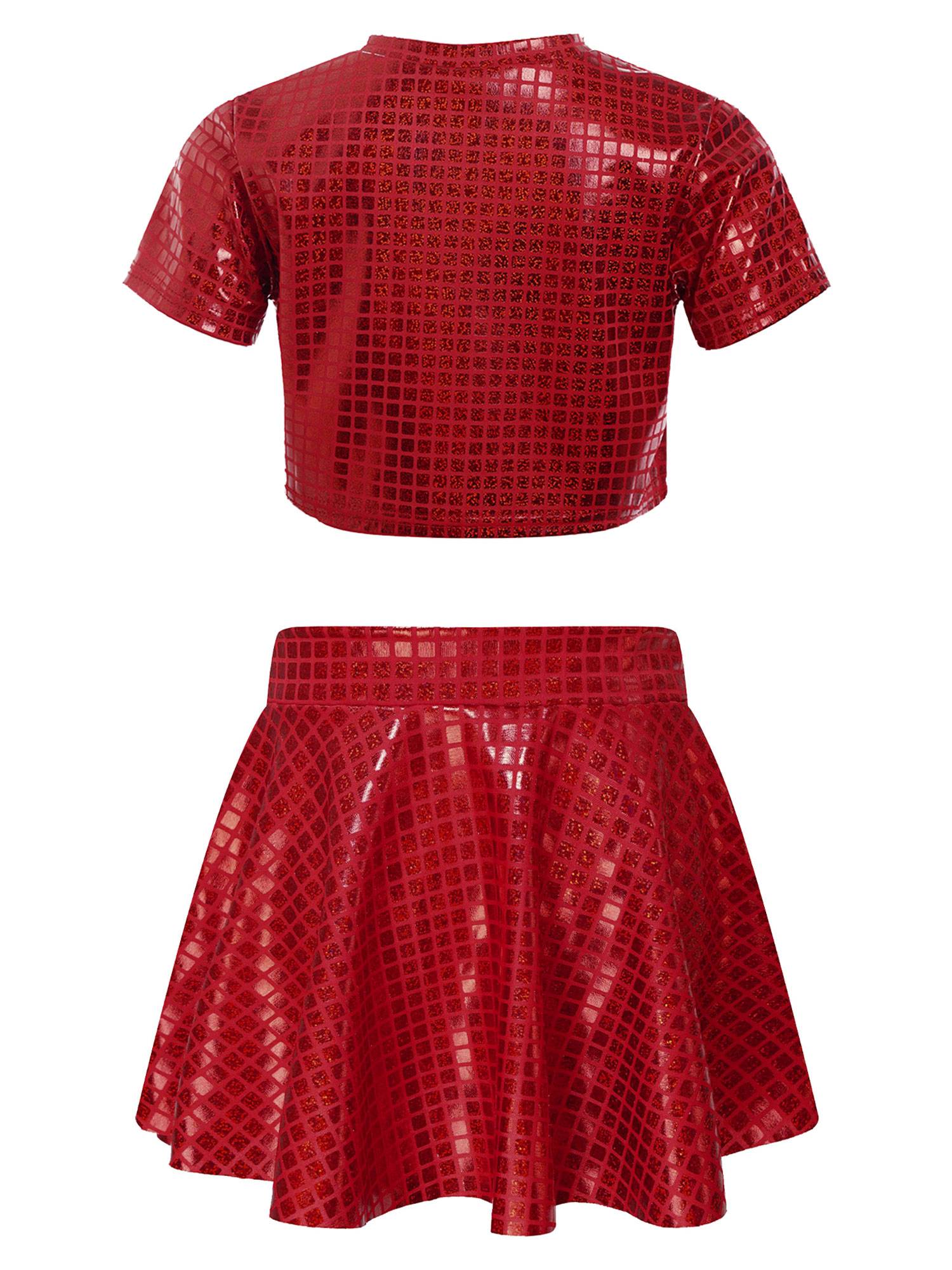 Kids Girls Metallic Plaid Crop Top and Pleated Skirt Cheerleading Dance Outfits