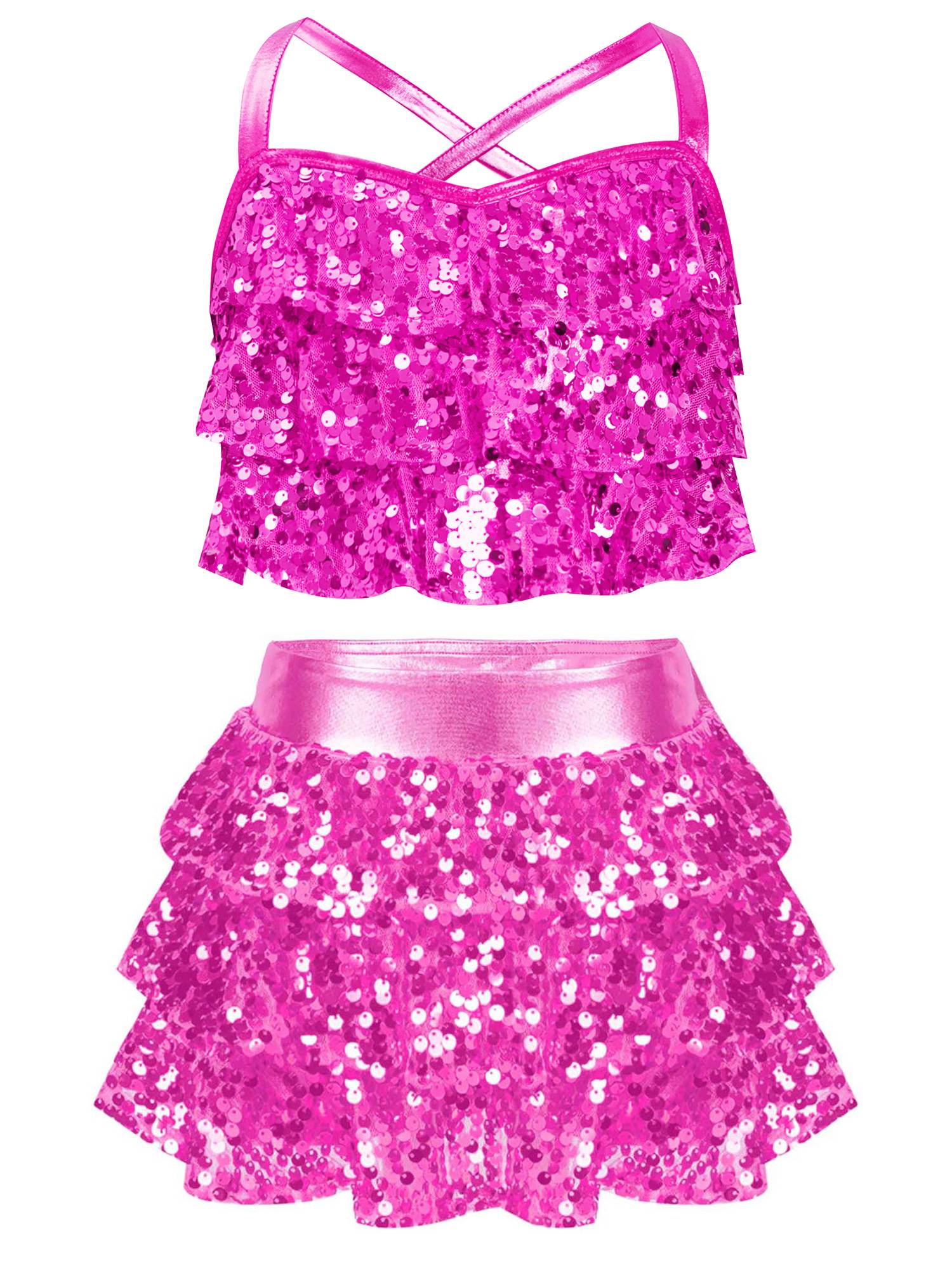 Kids Girls Jazz Dance Costume Sequins Ruffles Cross Back Crop Top with Culottes