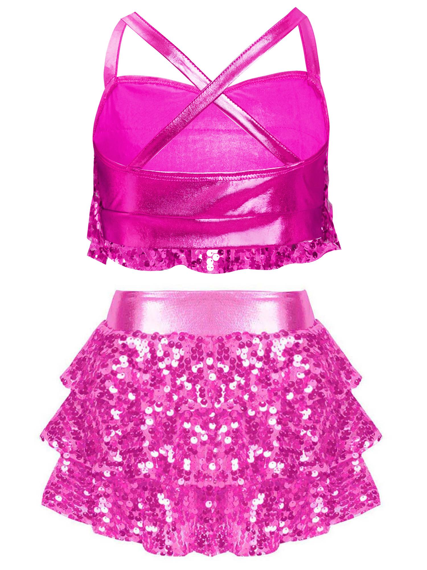 Kids Girls Jazz Dance Costume Sequins Ruffles Cross Back Crop Top with Culottes