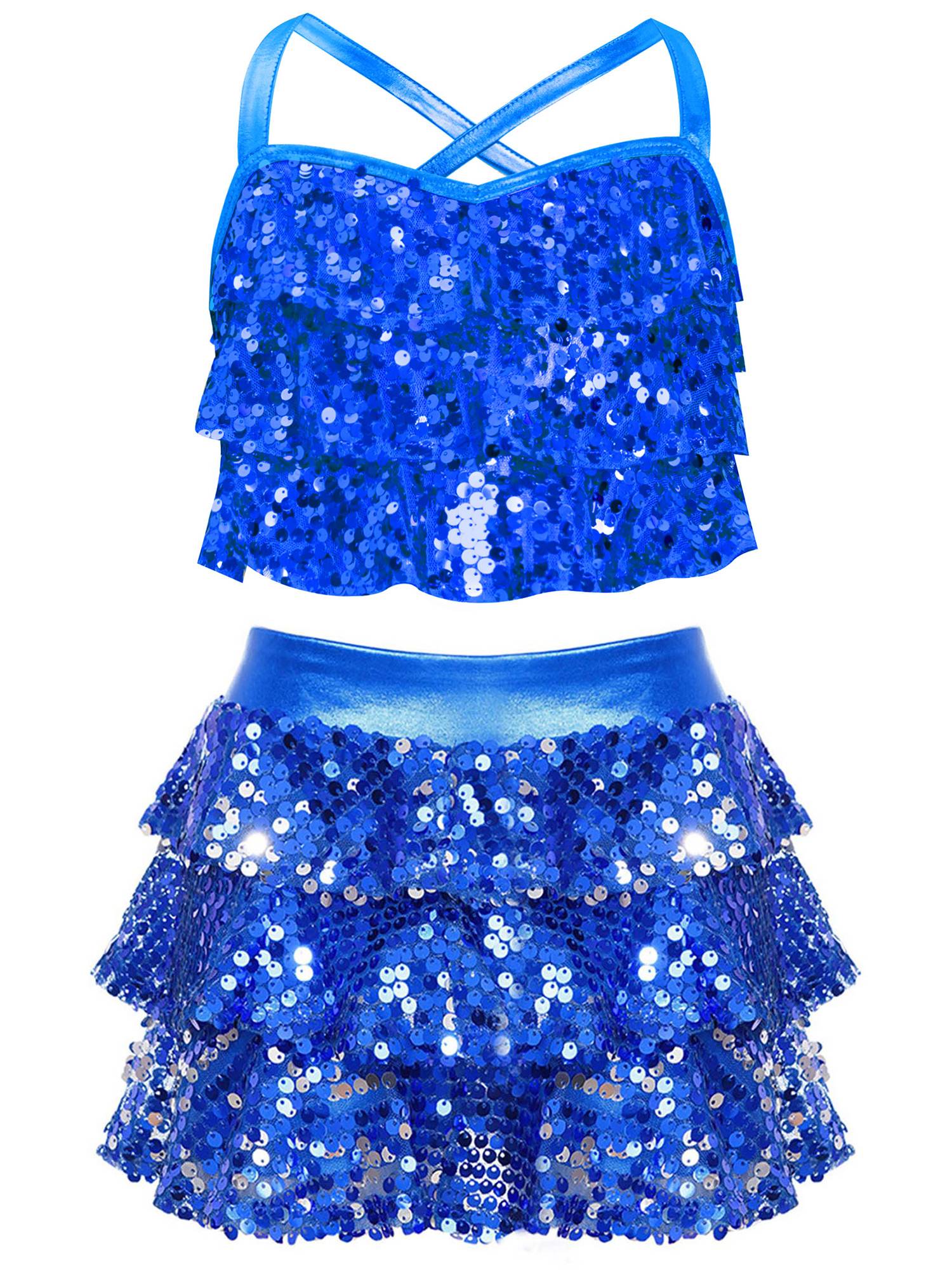 Kids Girls Jazz Dance Costume Sequins Ruffles Cross Back Crop Top with Culottes