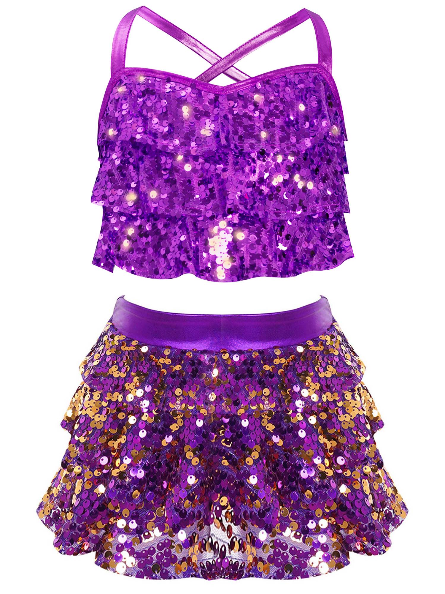 Kids Girls Jazz Dance Costume Sequins Ruffles Cross Back Crop Top with Culottes