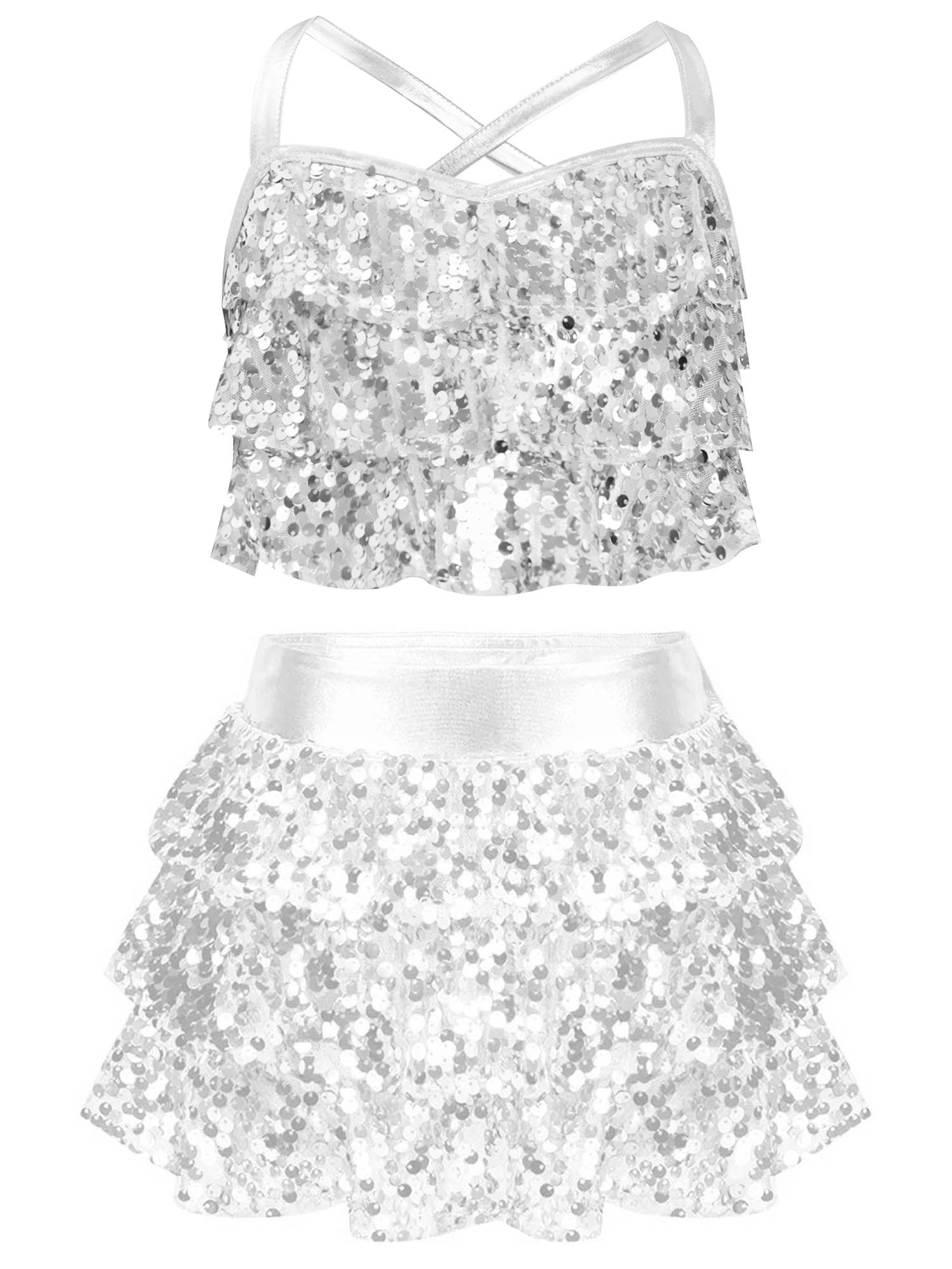 Kids Girls Jazz Dance Costume Sequins Ruffles Cross Back Crop Top with Culottes