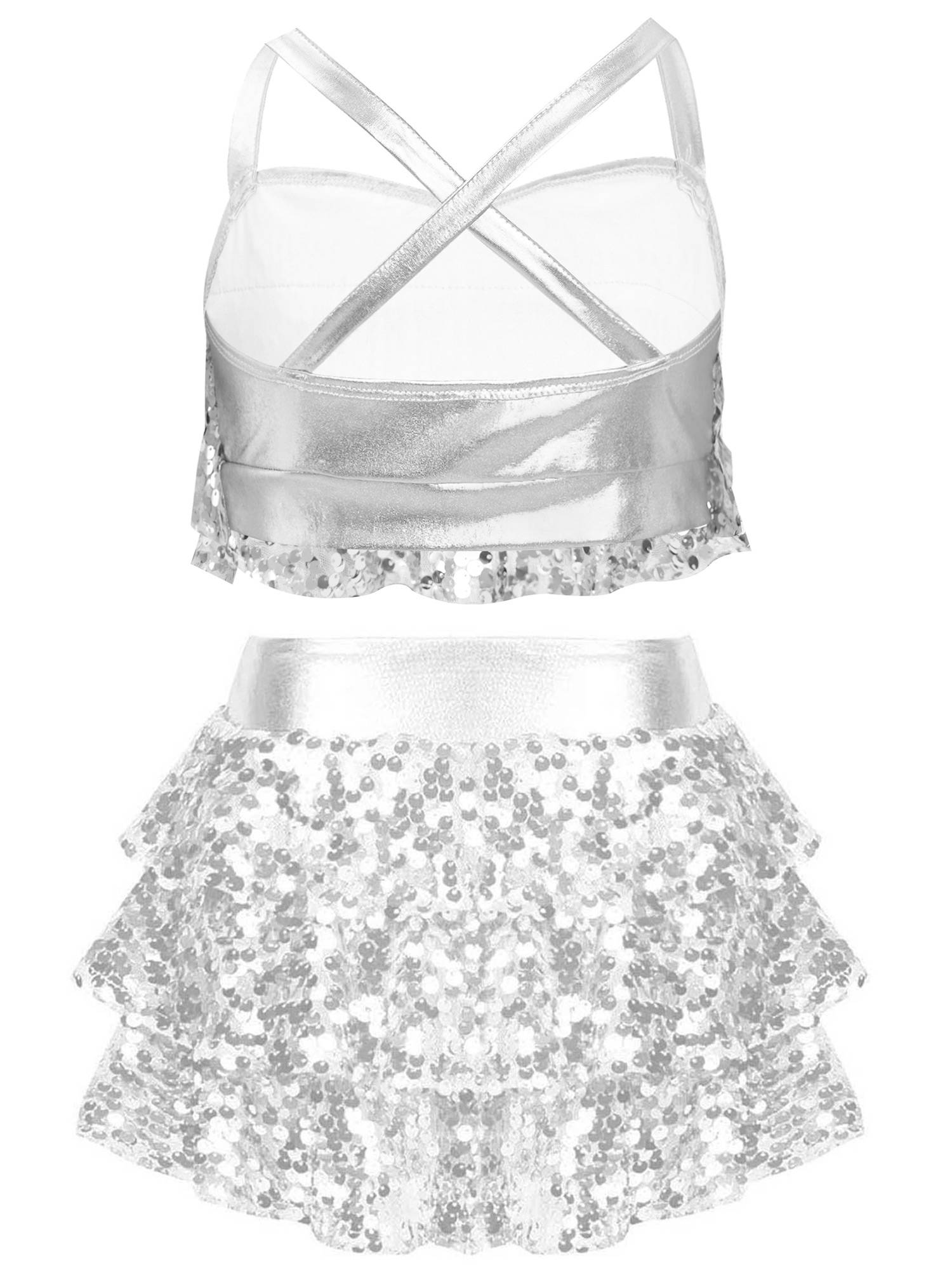 Kids Girls Jazz Dance Costume Sequins Ruffles Cross Back Crop Top with Culottes